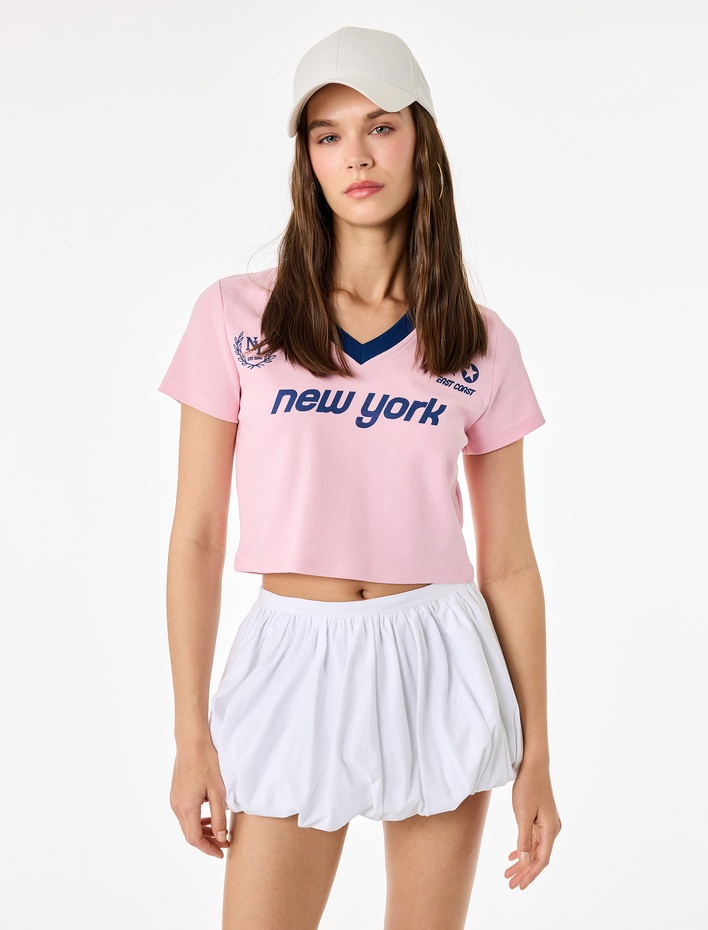  Pamuklu Slim Fit V Yaka Kısa Kollu Futbol Temalı Baskılı Tişört