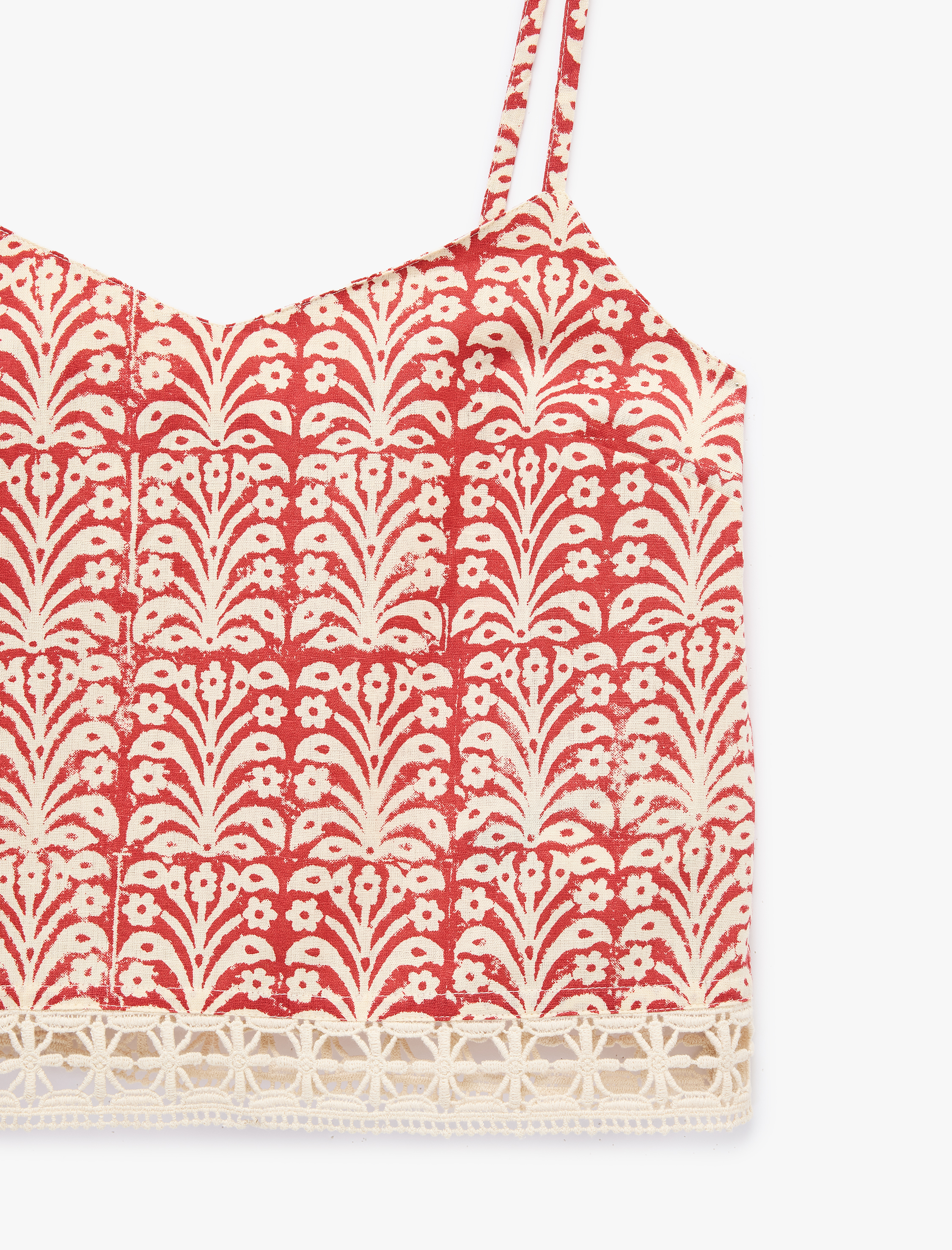   Pamuklu Floral Desenli Dantel Kroşe Detaylı Askılı Crop Top