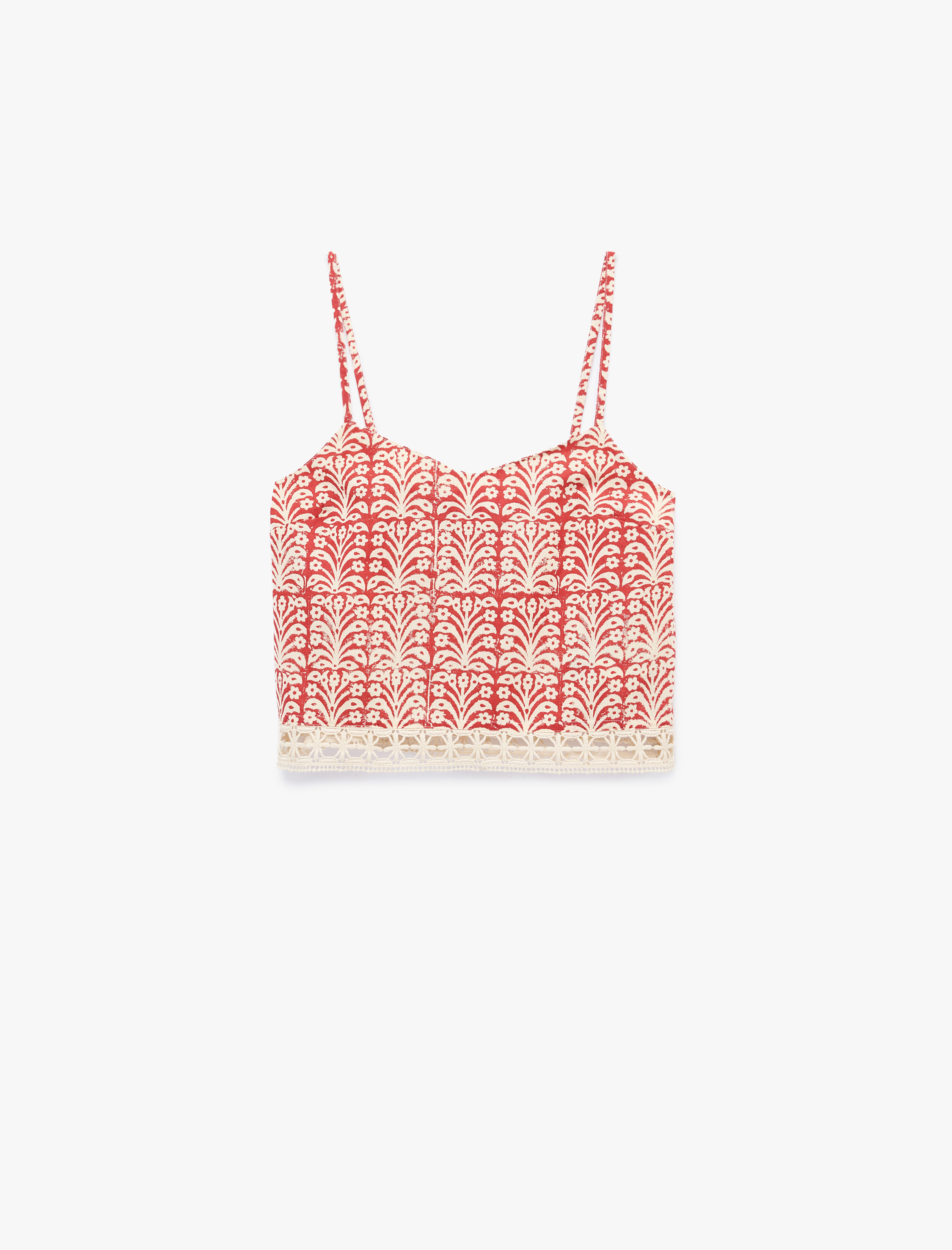   Pamuklu Floral Desenli Dantel Kroşe Detaylı Askılı Crop Top