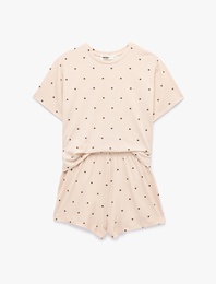 Puantiyeli Rahat Kesim Bisiklet Yaka Kısa Kollu Şortlu Pijama Takımı
