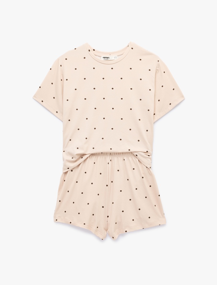  Puantiyeli Rahat Kesim Bisiklet Yaka Kısa Kollu Şortlu Pijama Takımı