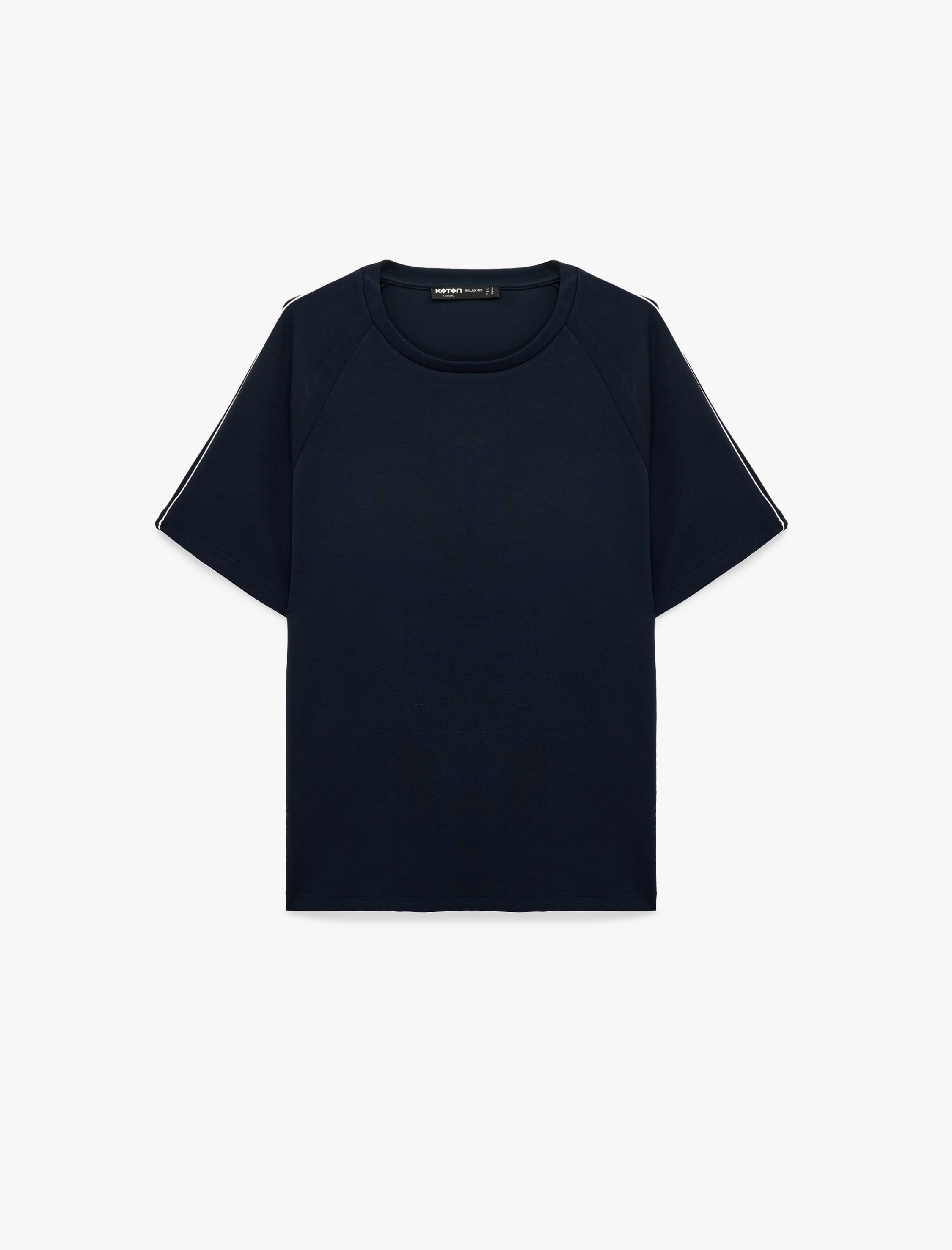   Bisiklet Yaka Viskon Karışımlı Scuba Kumaş Şerit Detaylı Kısa Reglan Kollu Oversize Tişört