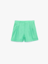 Pile Detaylı Cepli Mini Keten Şort