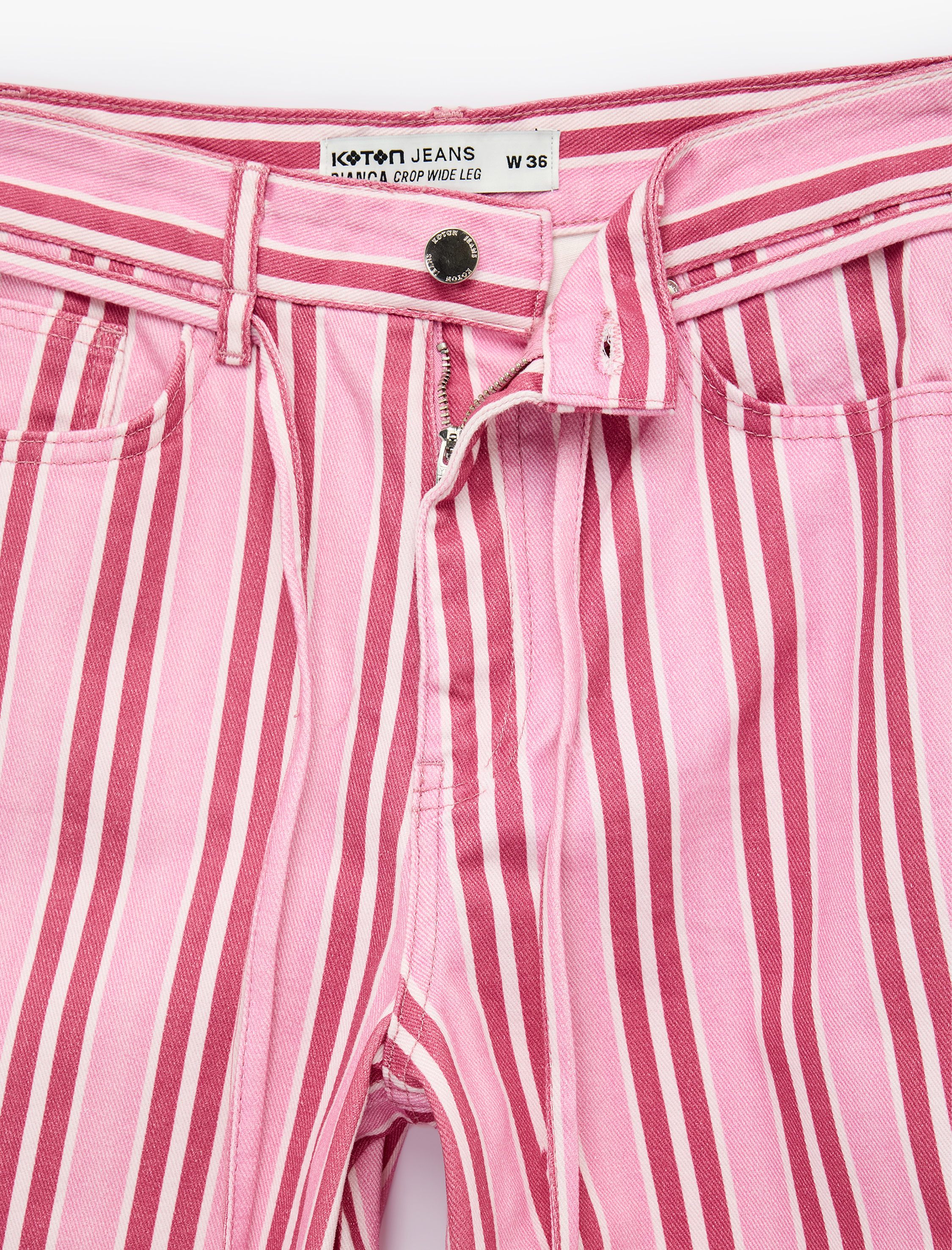   Pamuklu Beli Bağcıklı Çizgili Kısa Geniş Paça Pantolon -  Crop Wide Leg Jeans