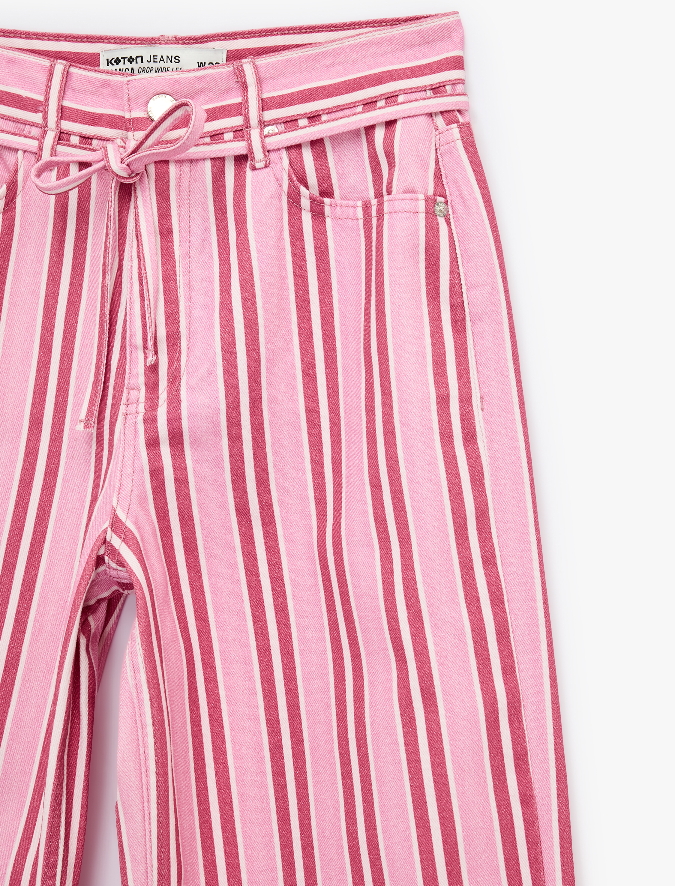   Pamuklu Beli Bağcıklı Çizgili Kısa Geniş Paça Pantolon -  Crop Wide Leg Jeans