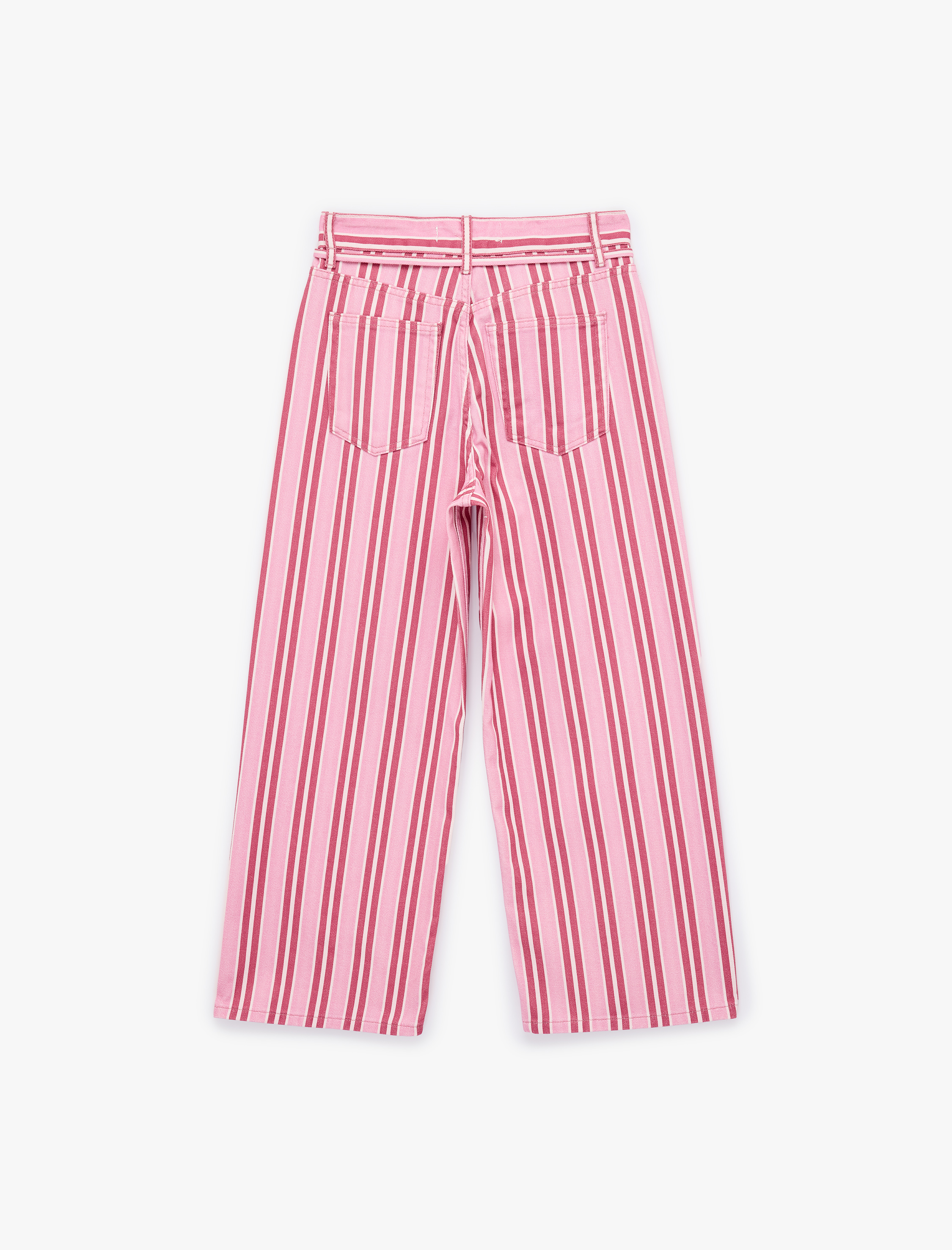   Pamuklu Beli Bağcıklı Çizgili Kısa Geniş Paça Pantolon -  Crop Wide Leg Jeans