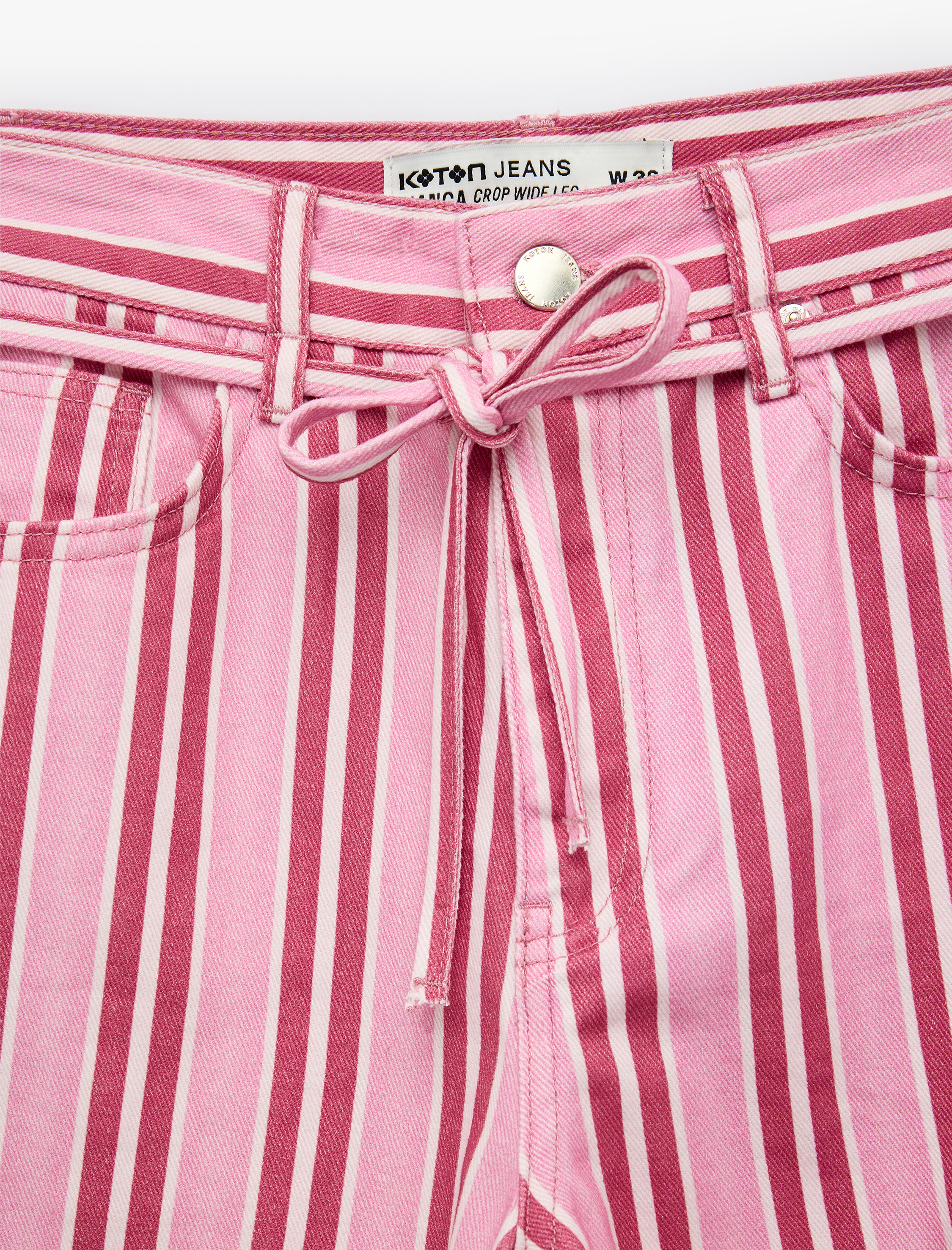   Pamuklu Beli Bağcıklı Çizgili Kısa Geniş Paça Pantolon -  Crop Wide Leg Jeans