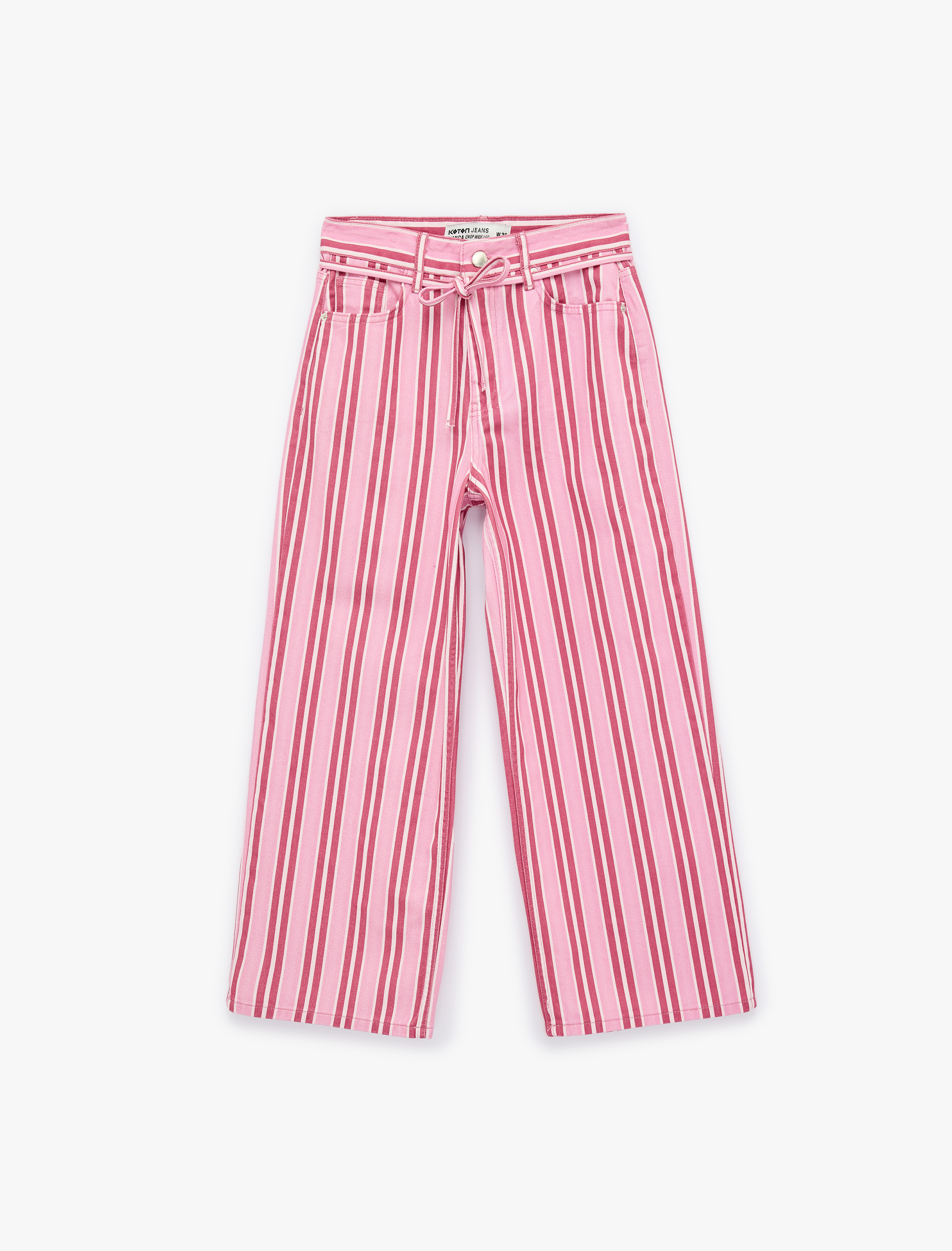   Pamuklu Beli Bağcıklı Çizgili Kısa Geniş Paça Pantolon -  Crop Wide Leg Jeans