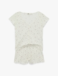 Pamuklu Kısa Kollu Desenli Şortlu Pijama Takımı