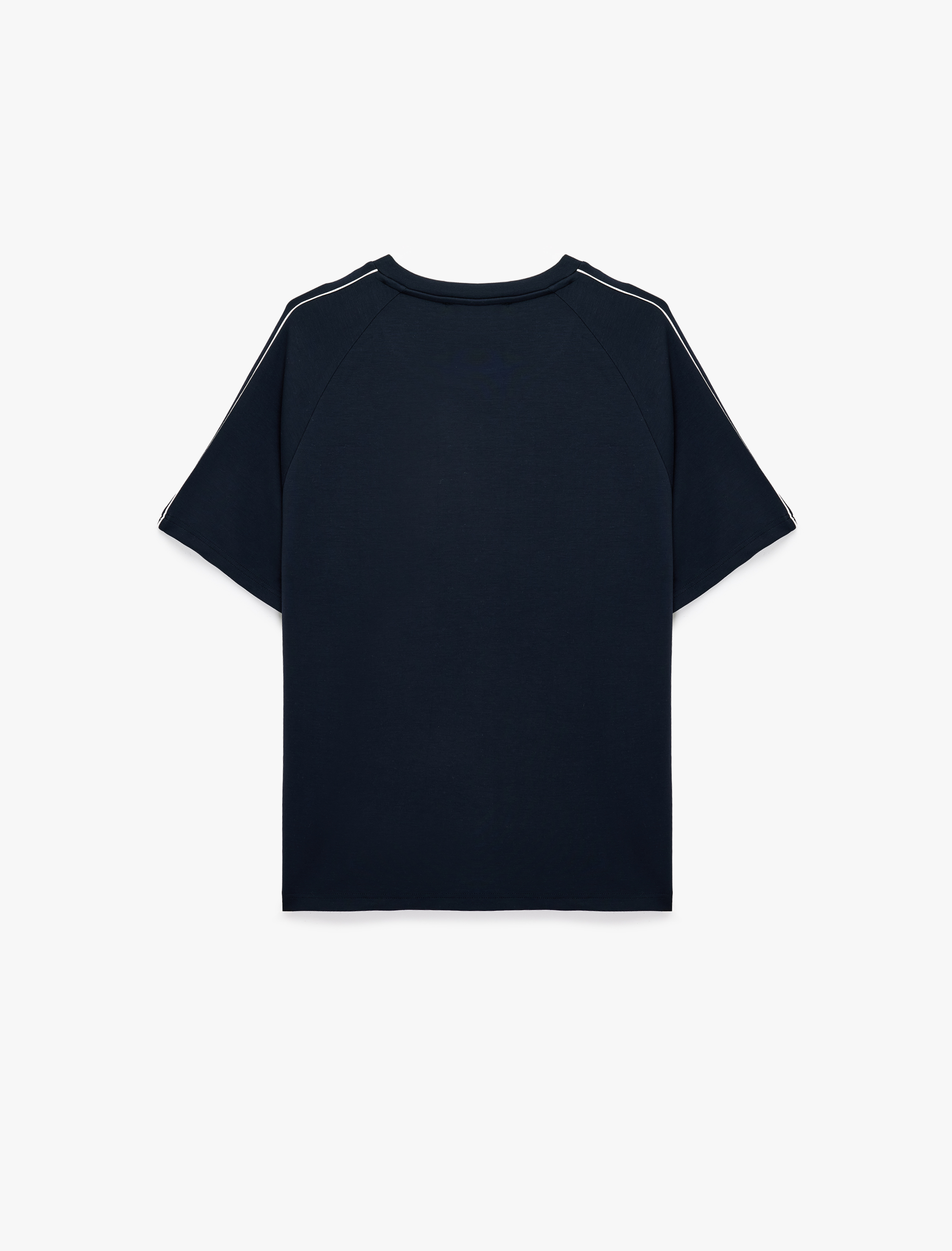   Bisiklet Yaka Viskon Karışımlı Scuba Kumaş Şerit Detaylı Kısa Reglan Kollu Oversize Tişört