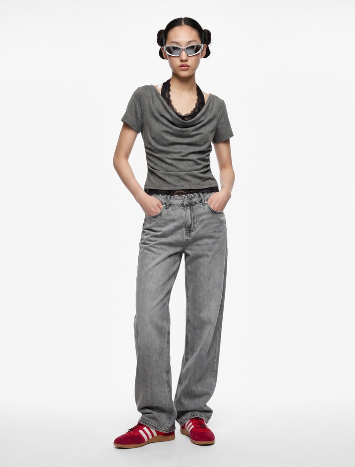  Slim Fit Kısa Kollu Dantel Detaylı Atletli İkili Kayık Yaka Tişört