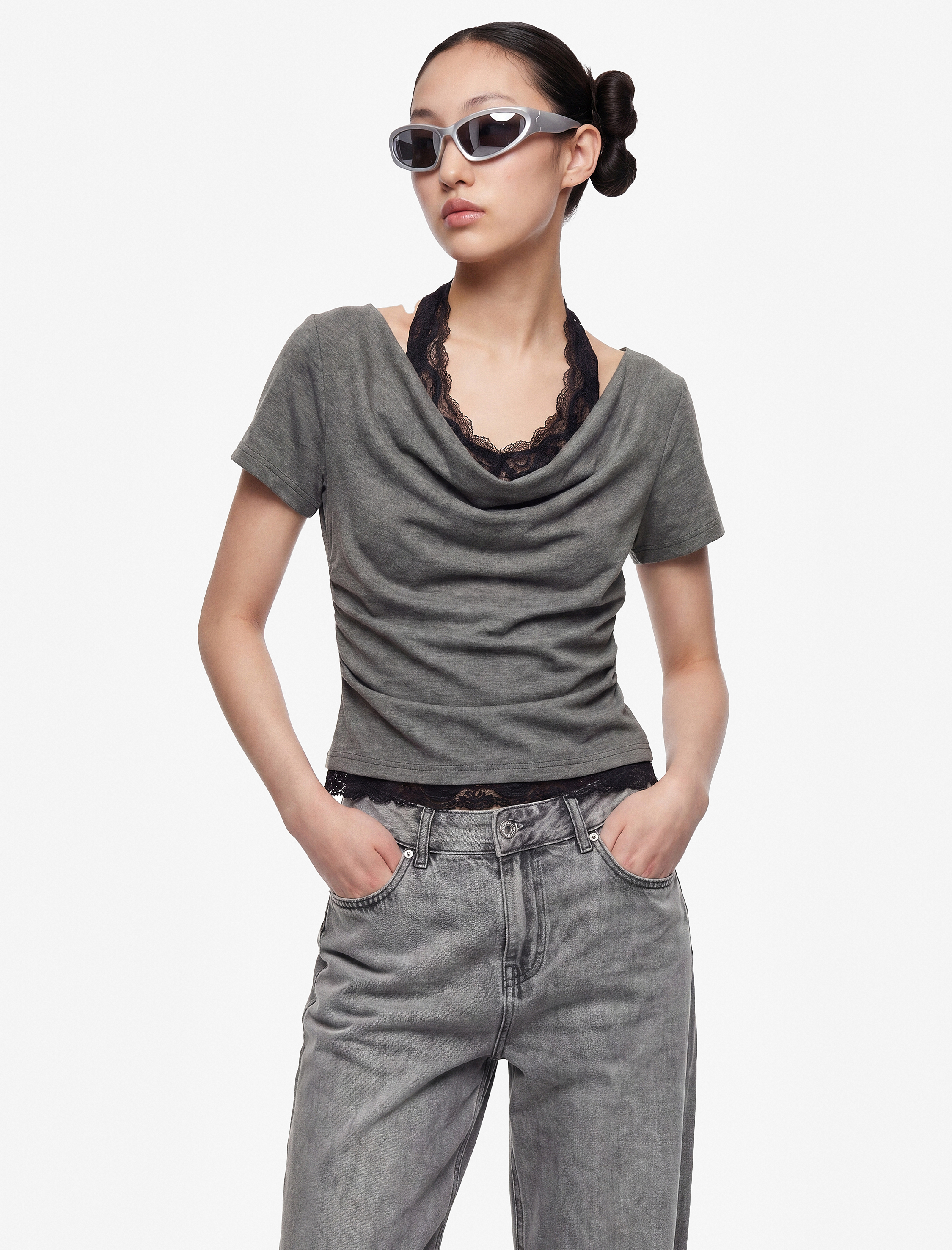   Slim Fit Kısa Kollu Dantel Detaylı Atletli İkili Kayık Yaka Tişört
