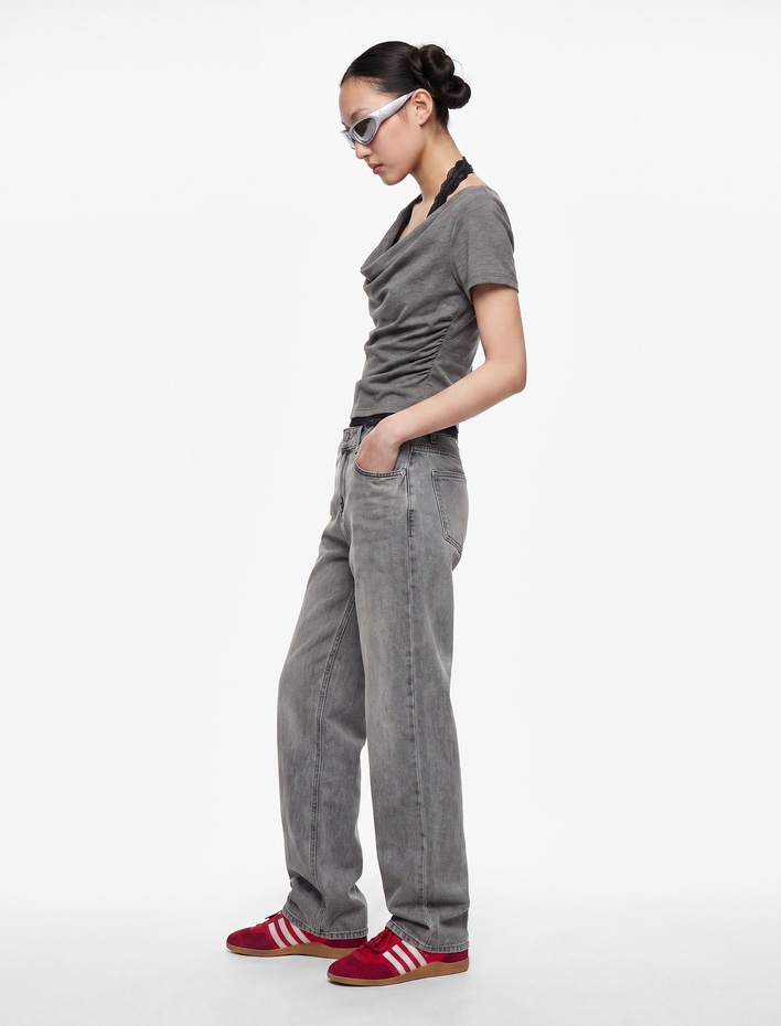  Slim Fit Kısa Kollu Dantel Detaylı Atletli İkili Kayık Yaka Tişört
