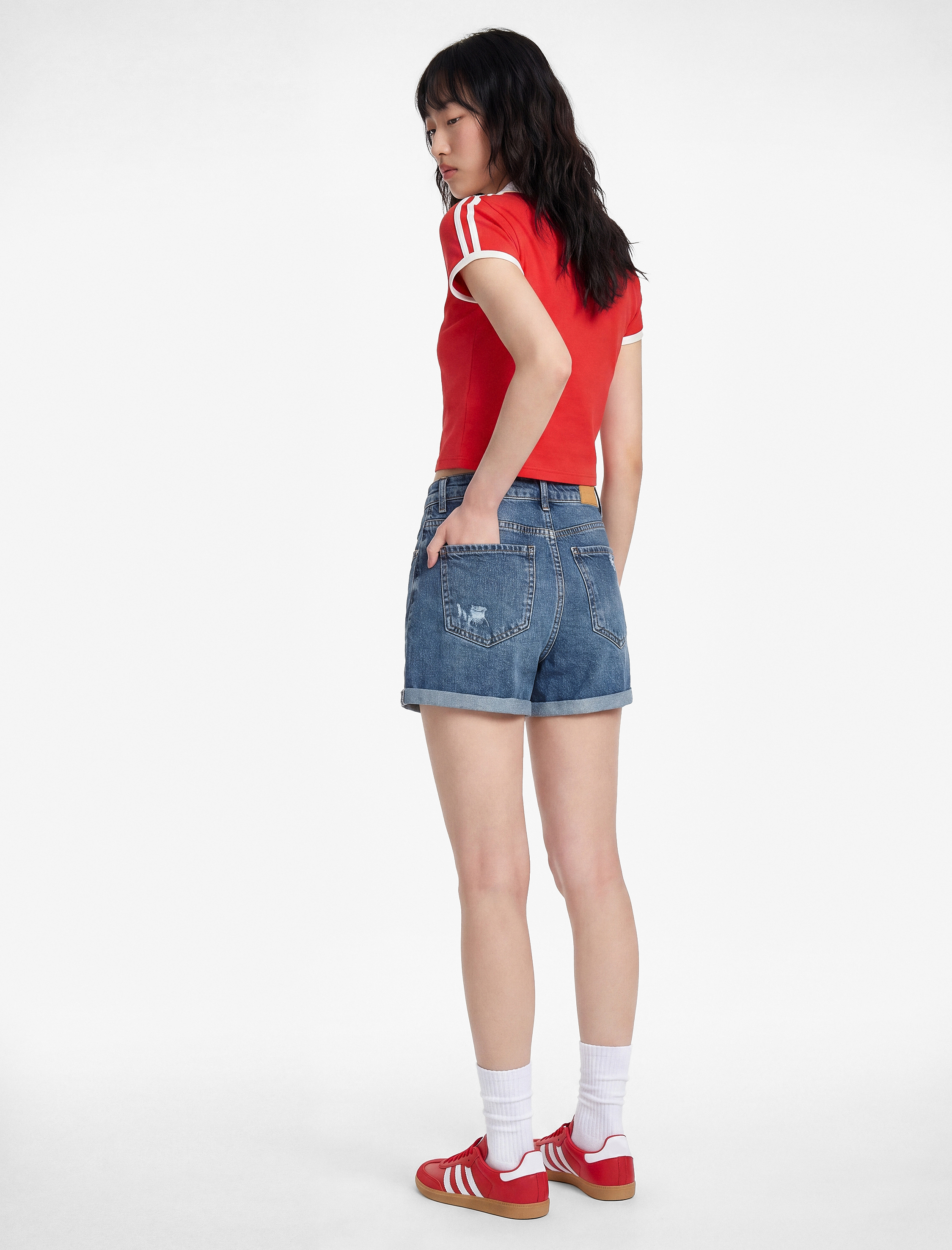   Pamuklu Yüksek Bel Slim Fit Duble Paça Mini Denim Şort