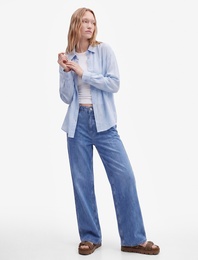 Beli Bağcıklı Cep Detaylı Bol Paça Denim Pantolon