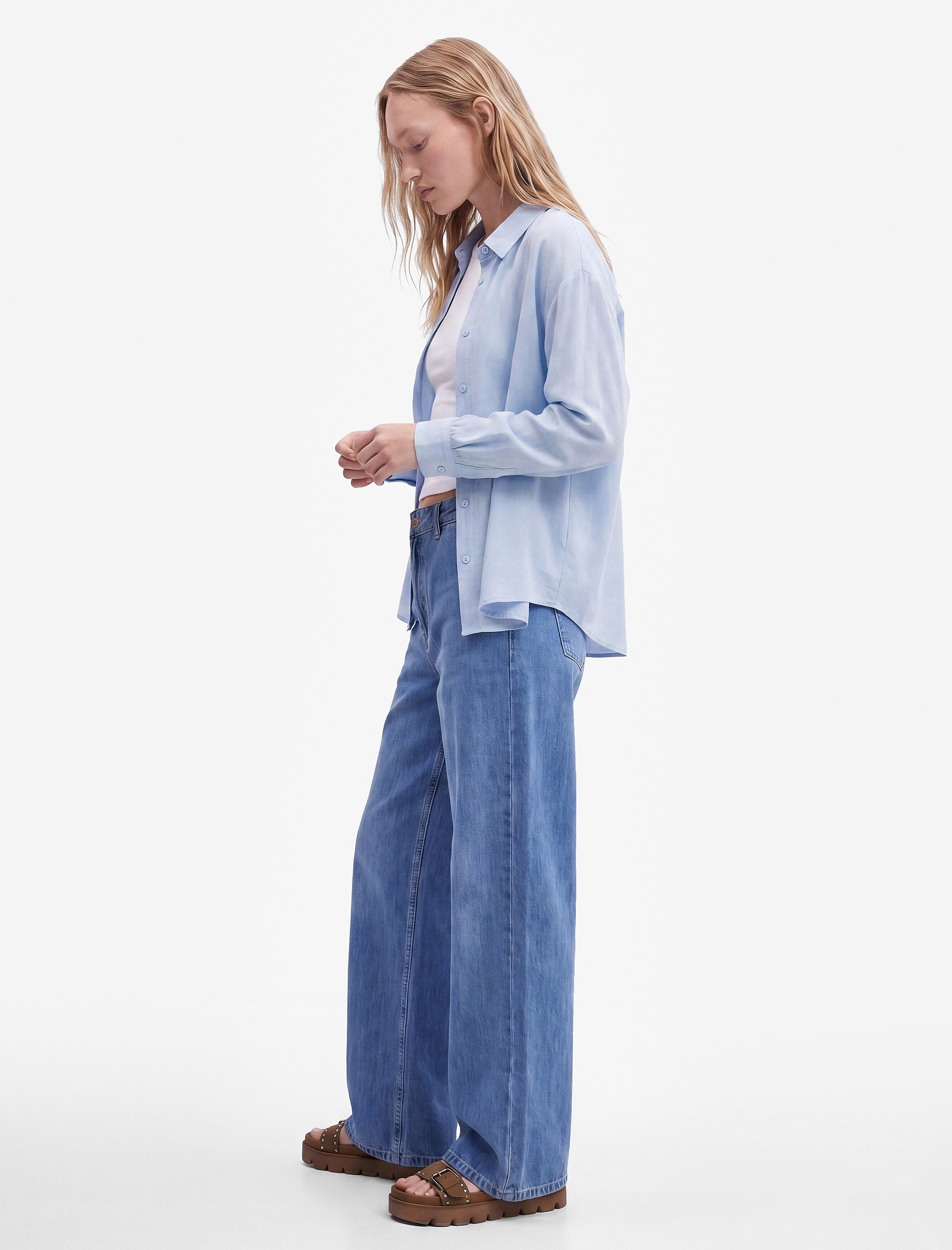   Beli Bağcıklı Cep Detaylı Bol Paça Denim Pantolon