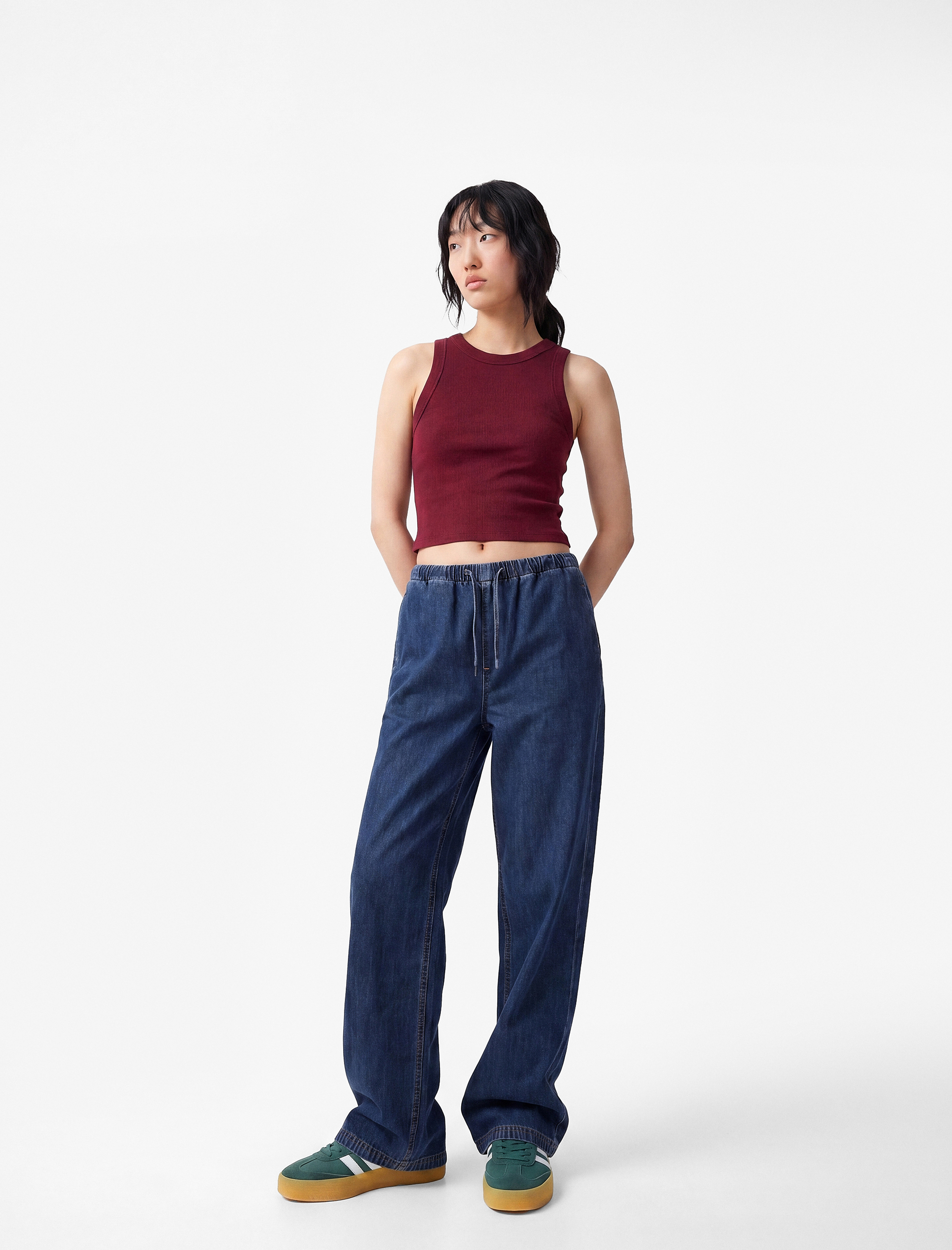   Beli Bağcıklı Cep Detaylı Bol Paça Denim Pantolon