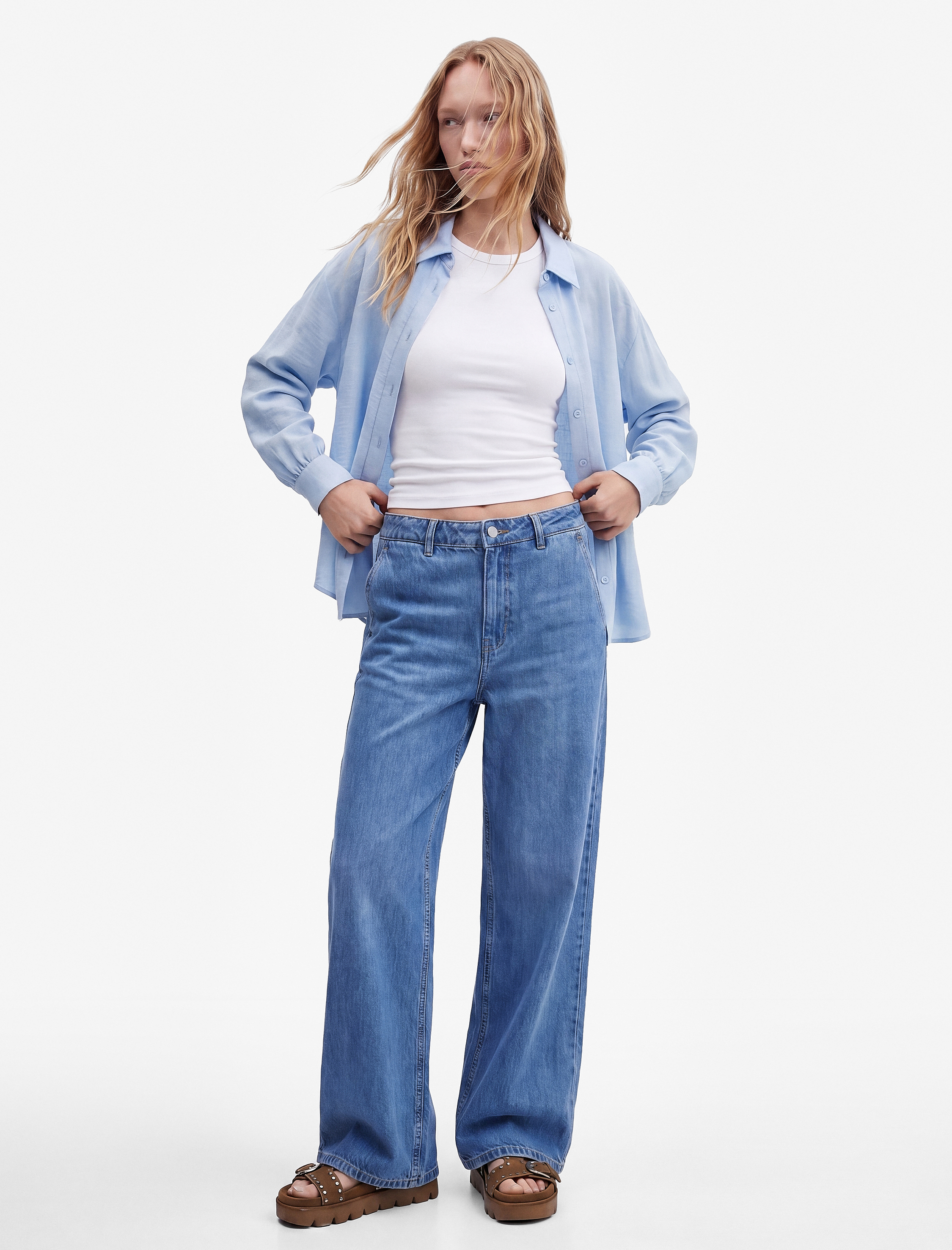  Beli Bağcıklı Cep Detaylı Bol Paça Denim Pantolon