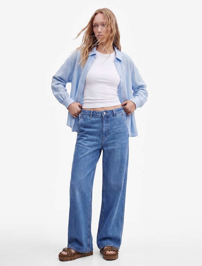  Beli Bağcıklı Cep Detaylı Bol Paça Denim Pantolon