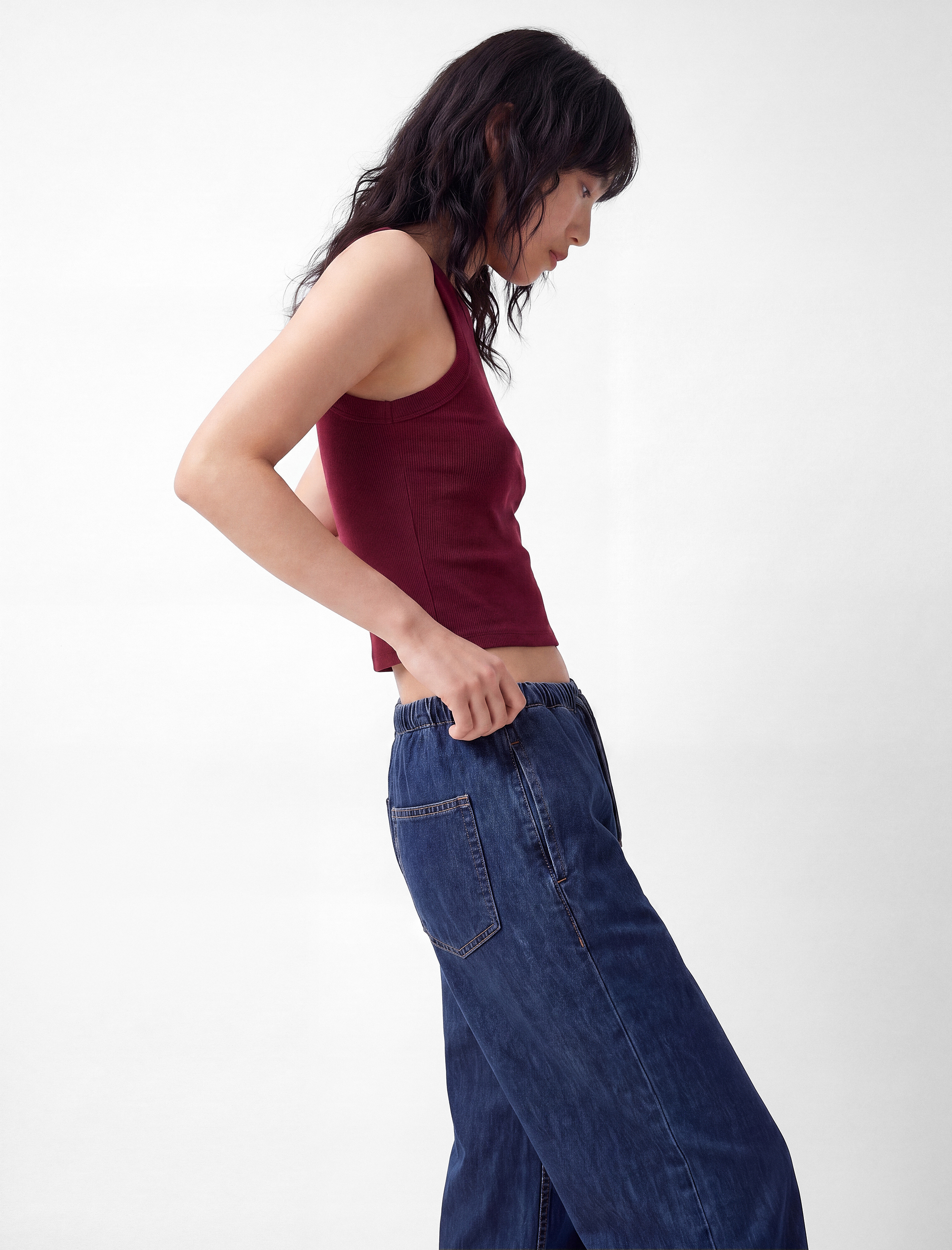   Beli Bağcıklı Cep Detaylı Bol Paça Denim Pantolon
