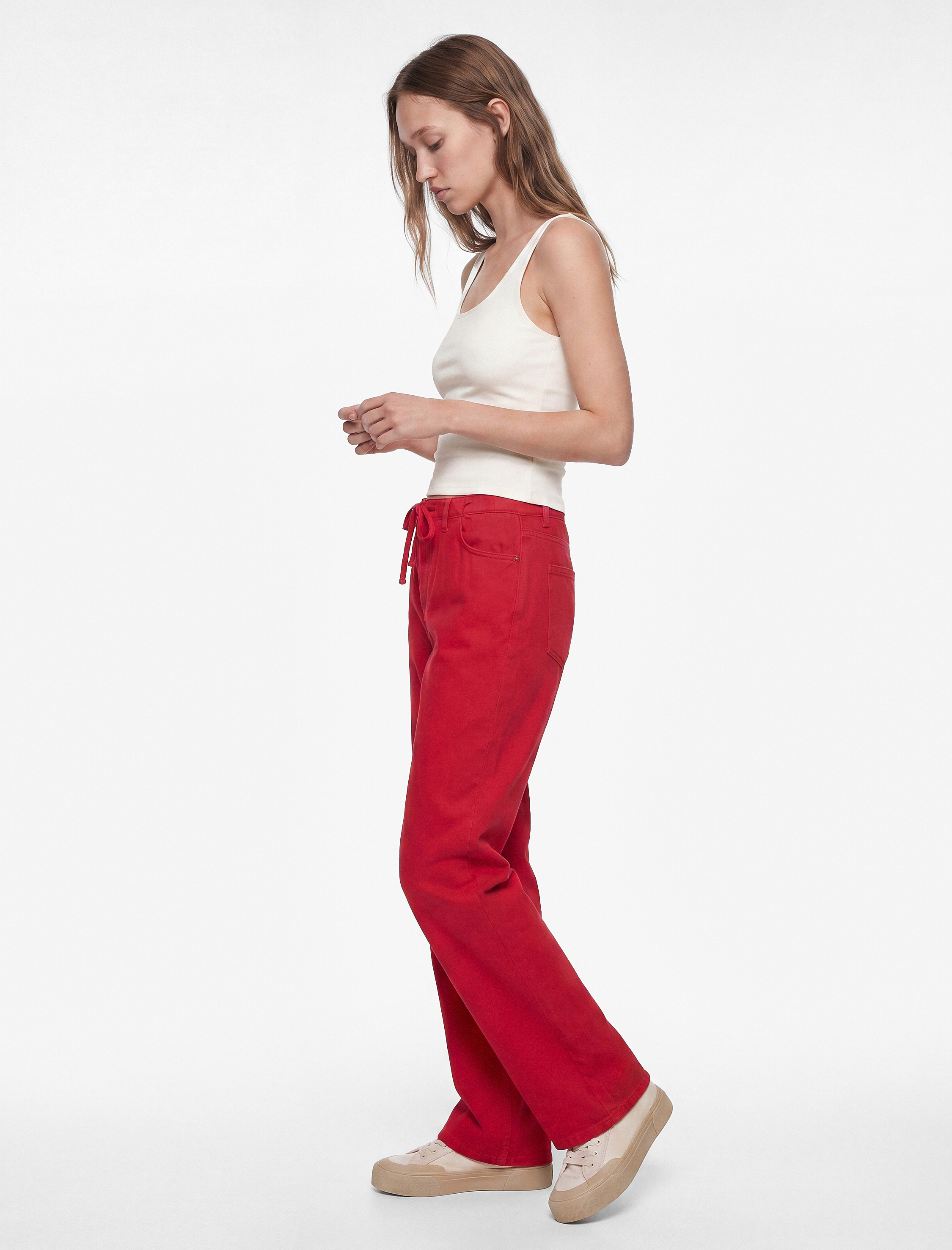   Pamuklu Cep Detaylı Beli Bağcıklı Bol Pantolon - Loose Straight Fit Jean