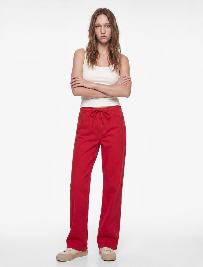  Pamuklu Cep Detaylı Beli Bağcıklı Bol Pantolon - Loose Straight Fit Jean