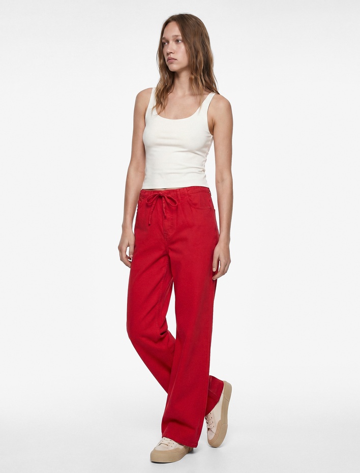  Pamuklu Cep Detaylı Beli Bağcıklı Bol Pantolon - Loose Straight Fit Jean