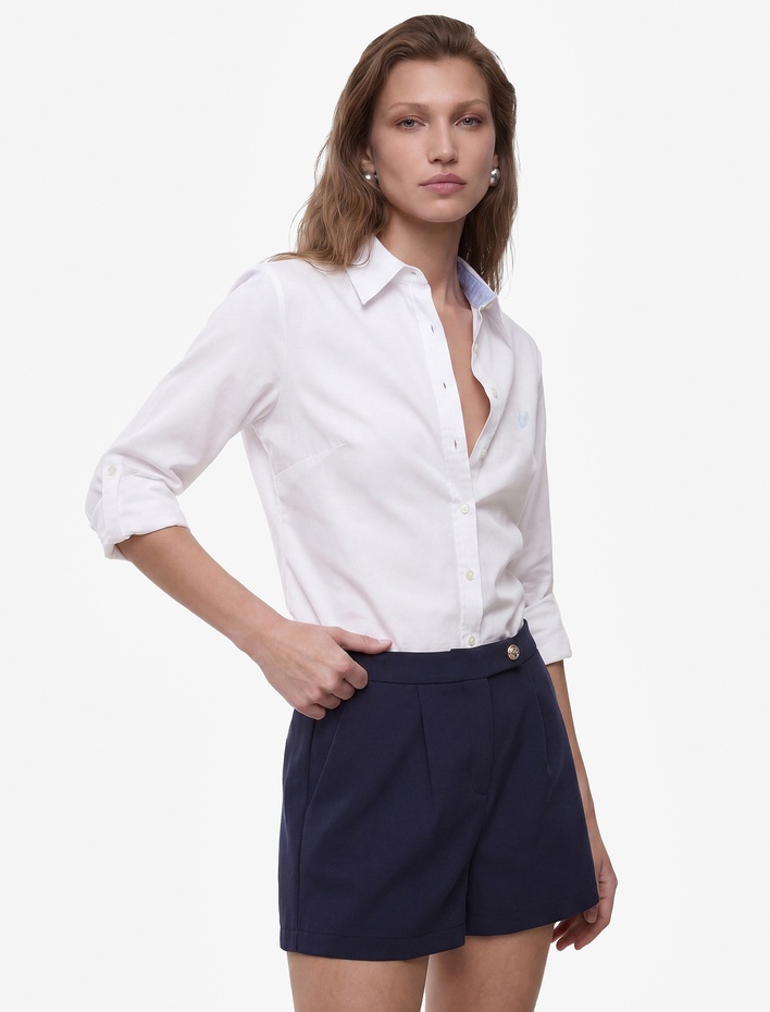  Pamuklu Slim Fit Kolları Katlama Detaylı Uzun Kollu Poplin Gömlek