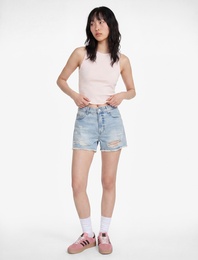 Yıpratma Detaylı Pamuklu Rahat Kalıp Mini Denim Şort