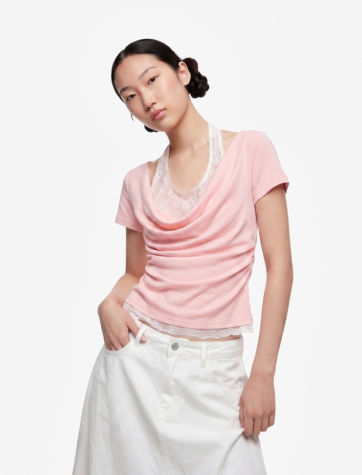  Slim Fit Kısa Kollu Dantel Detaylı Atletli İkili Kayık Yaka Tişört