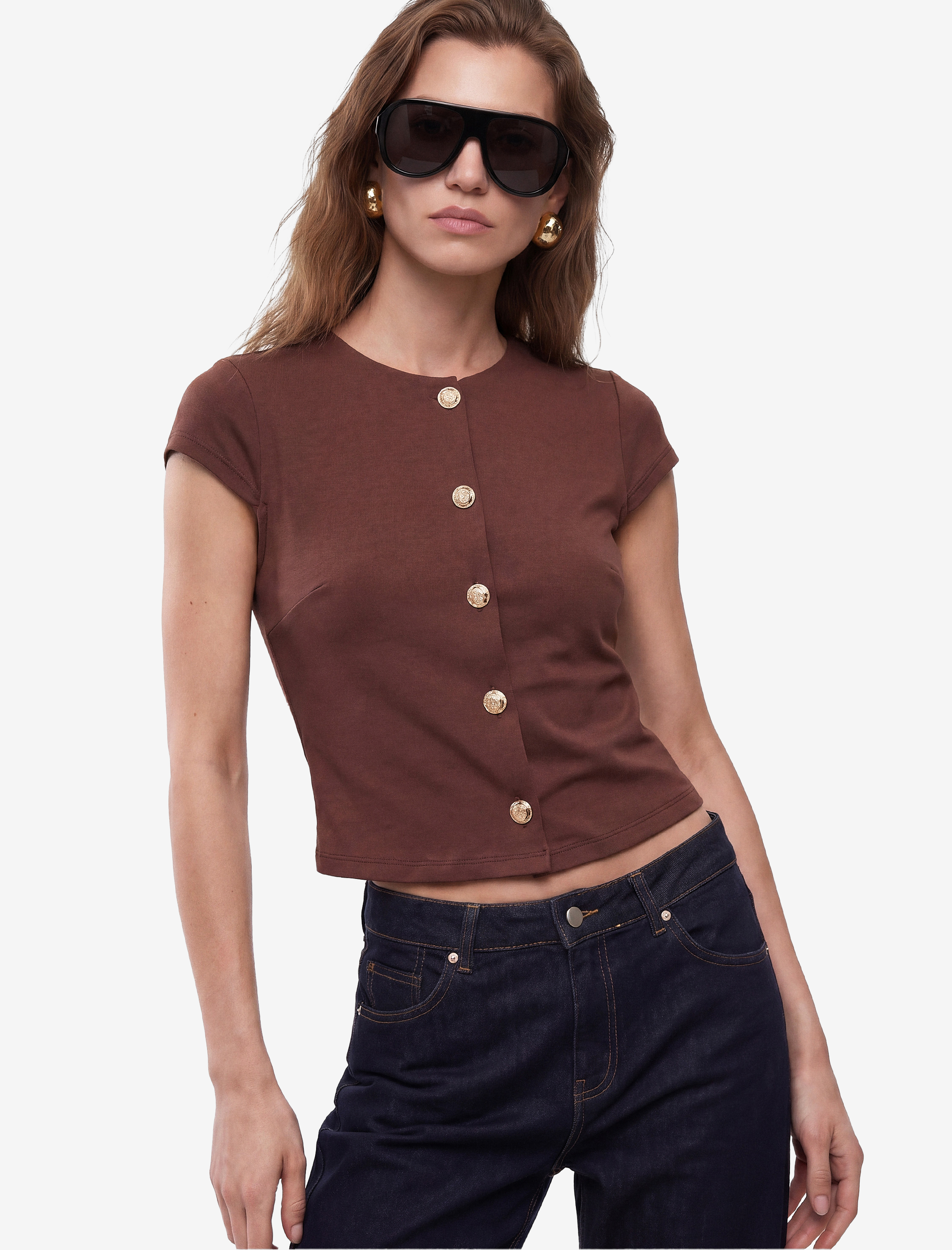  Slim Fit Mücevher Düğme Detaylı Bisiklet Yaka Kap Kol Bluz