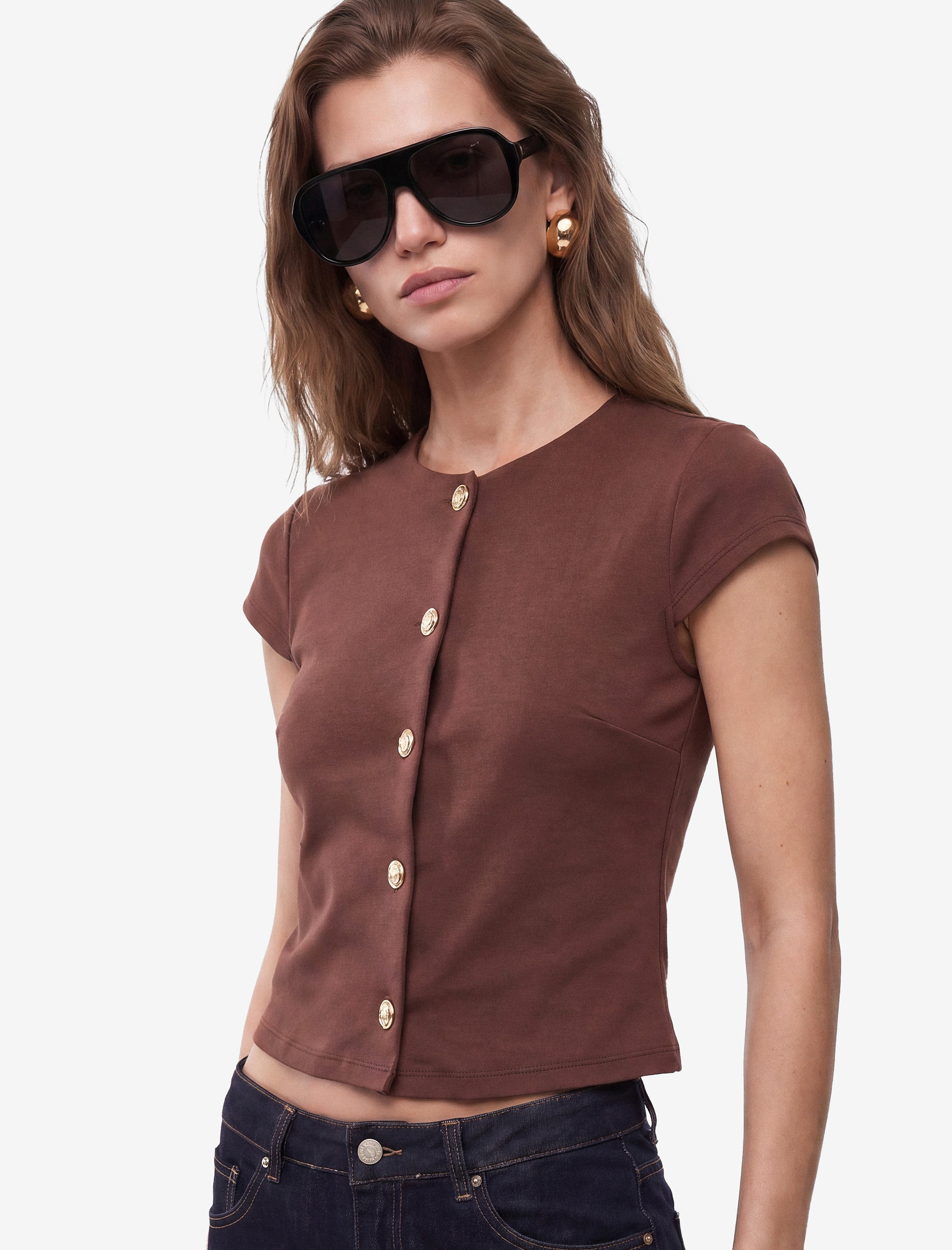   Slim Fit Mücevher Düğme Detaylı Bisiklet Yaka Kap Kol Bluz