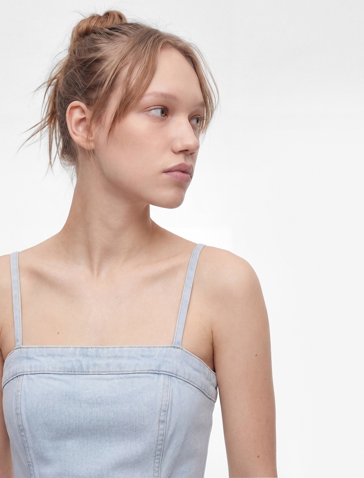  İp Askılı A Kesim Kare Yaka Kolsuz Mini Denim Elbise