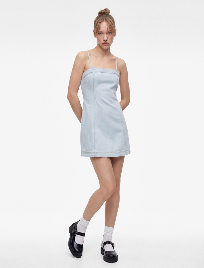  İp Askılı A Kesim Kare Yaka Kolsuz Mini Denim Elbise