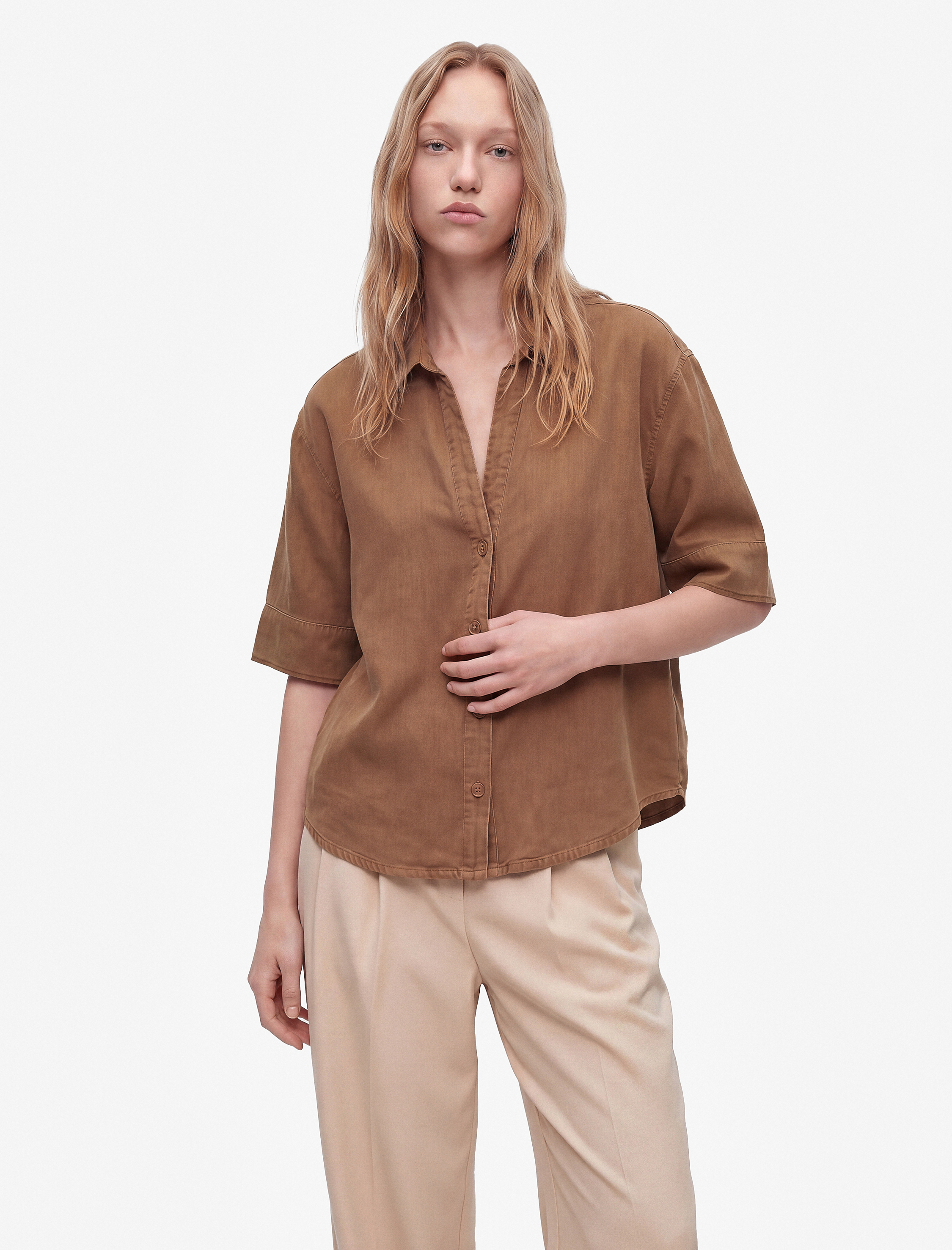   Klasik Yaka Yarım Kollu Oversize Jean Gömlek