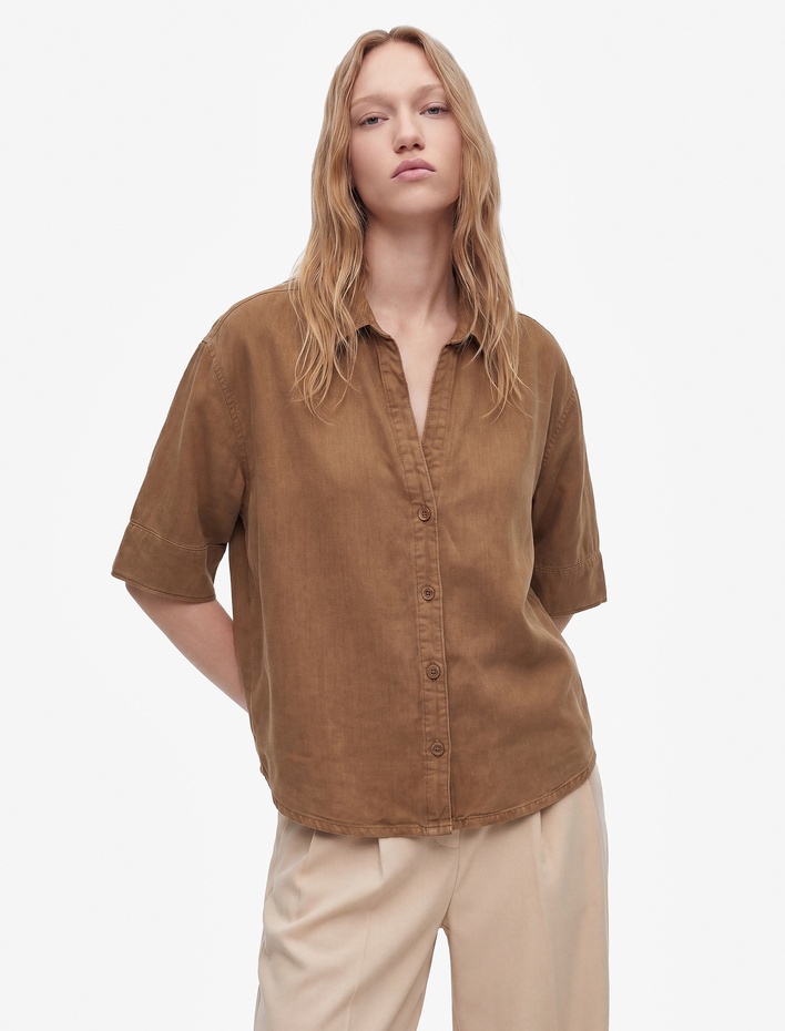  Klasik Yaka Yarım Kollu Oversize Jean Gömlek