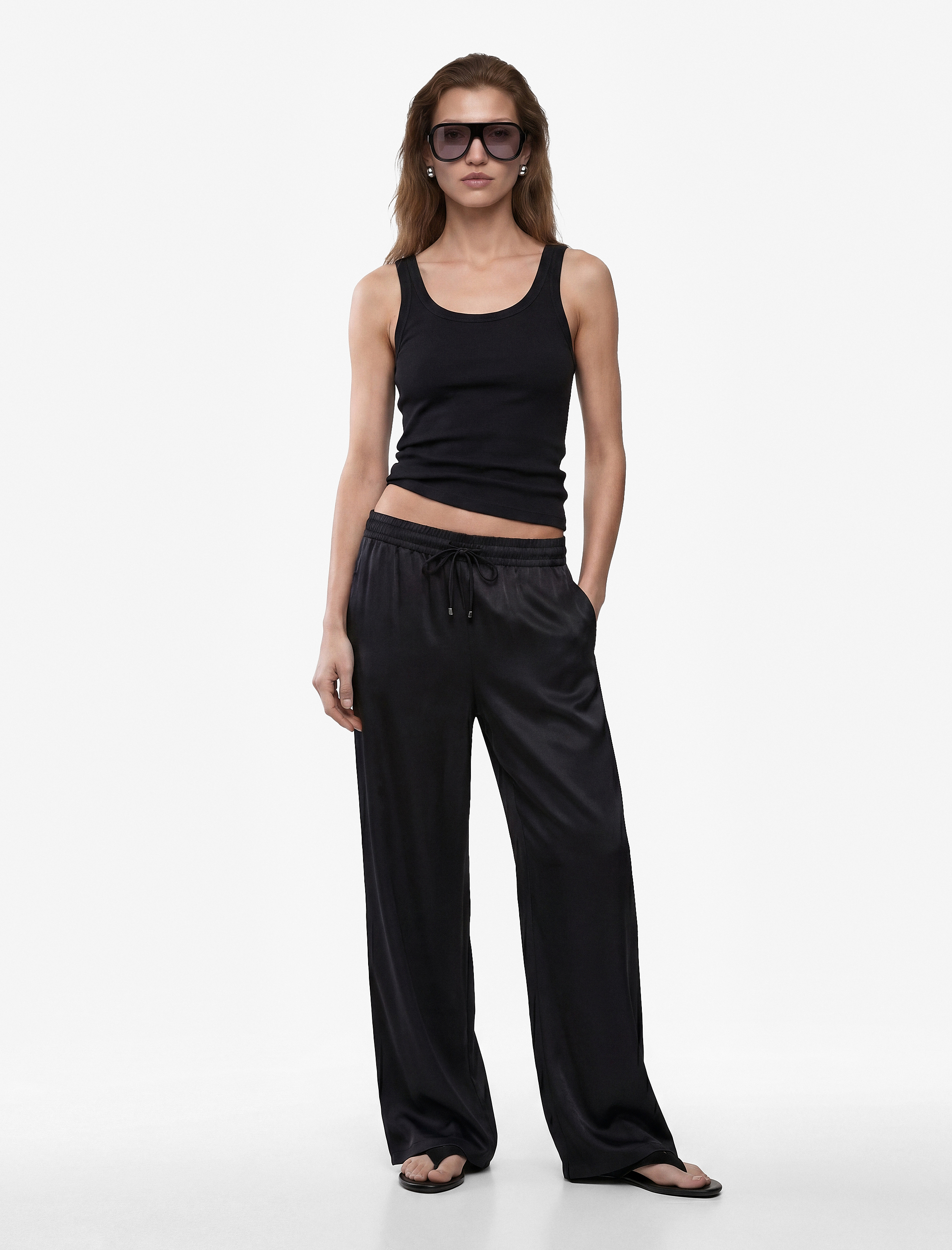   Aerobin Kumaş Beli Bağcıklı Geniş Paça Saten Pantolon