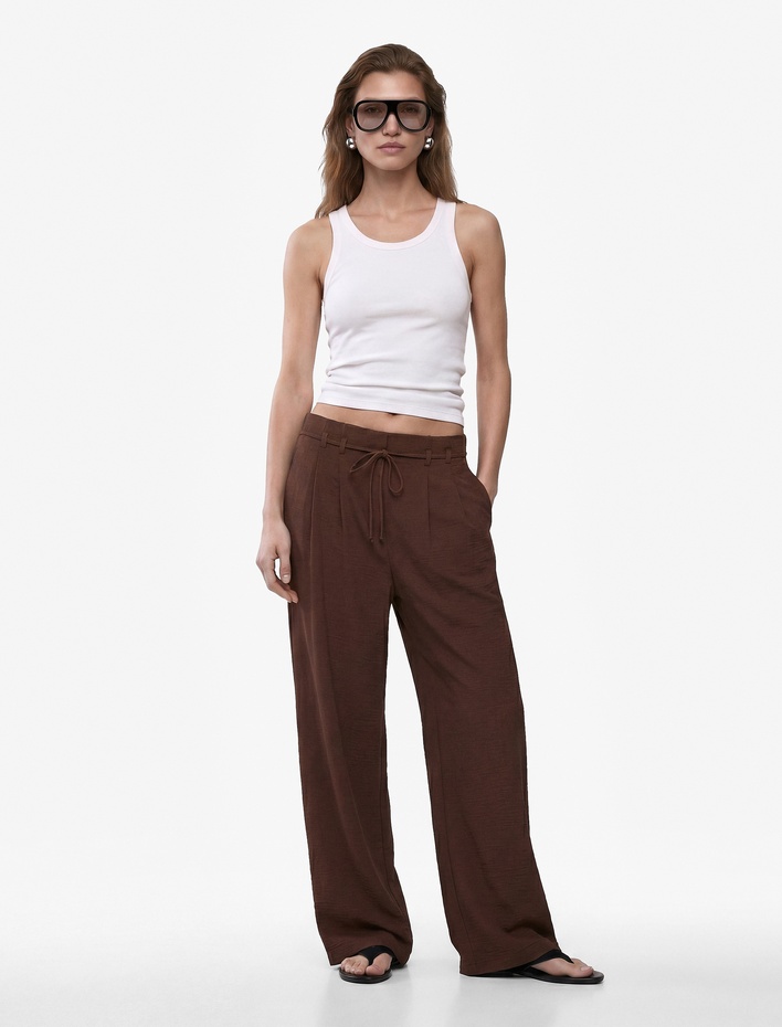  Straight Fit Pileli Kemerli Geniş Paça Pantolon