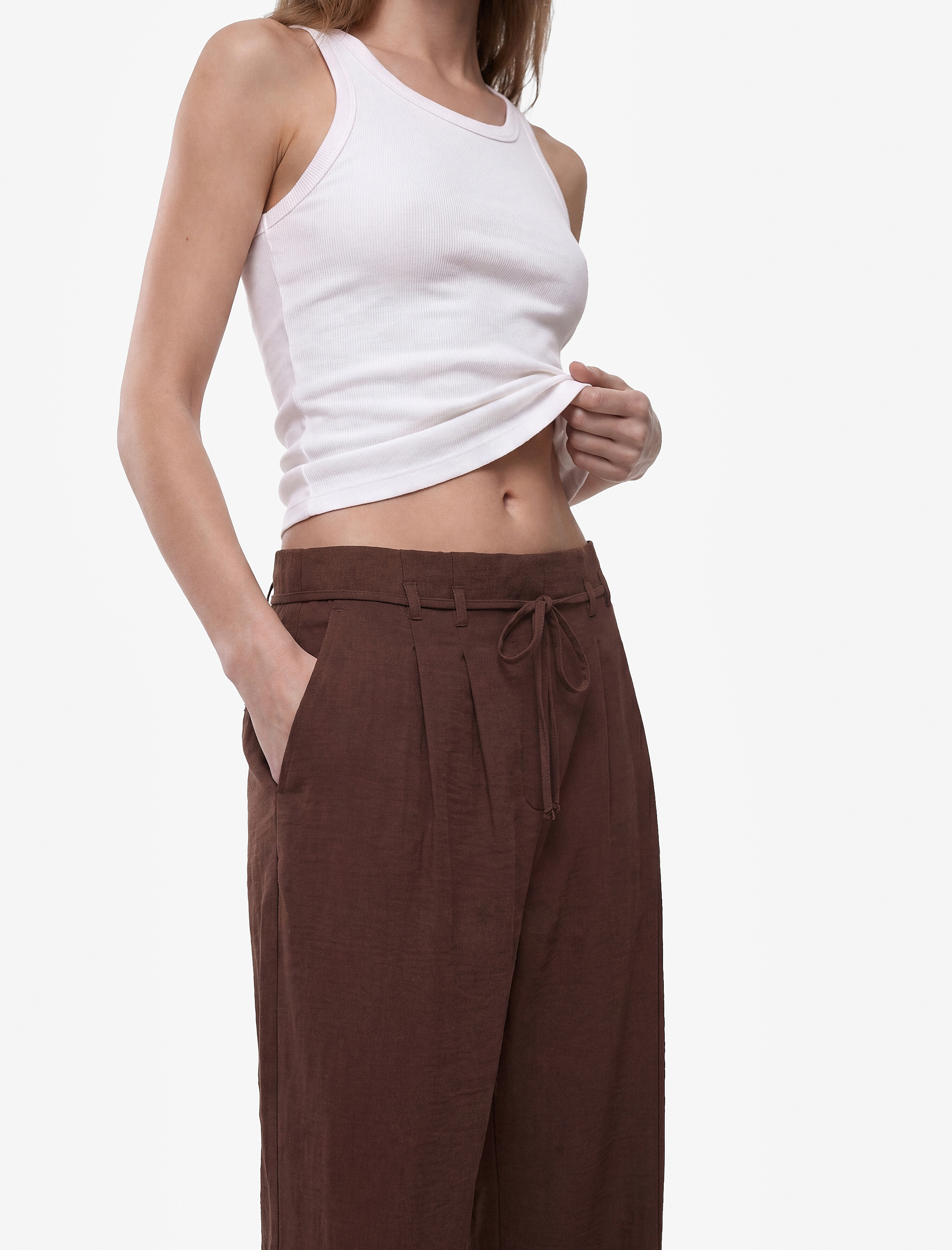   Straight Fit Pileli Kemerli Geniş Paça Pantolon
