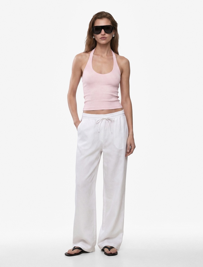  Pamuklu Ribanalı Slim Fit Sırt Dekolteli U Yaka Bluz