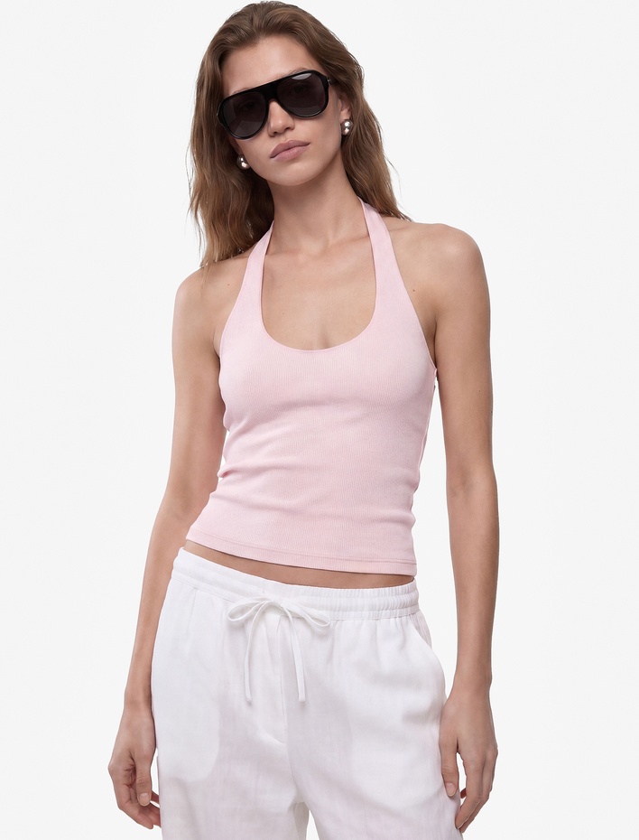  Pamuklu Ribanalı Slim Fit Sırt Dekolteli U Yaka Bluz