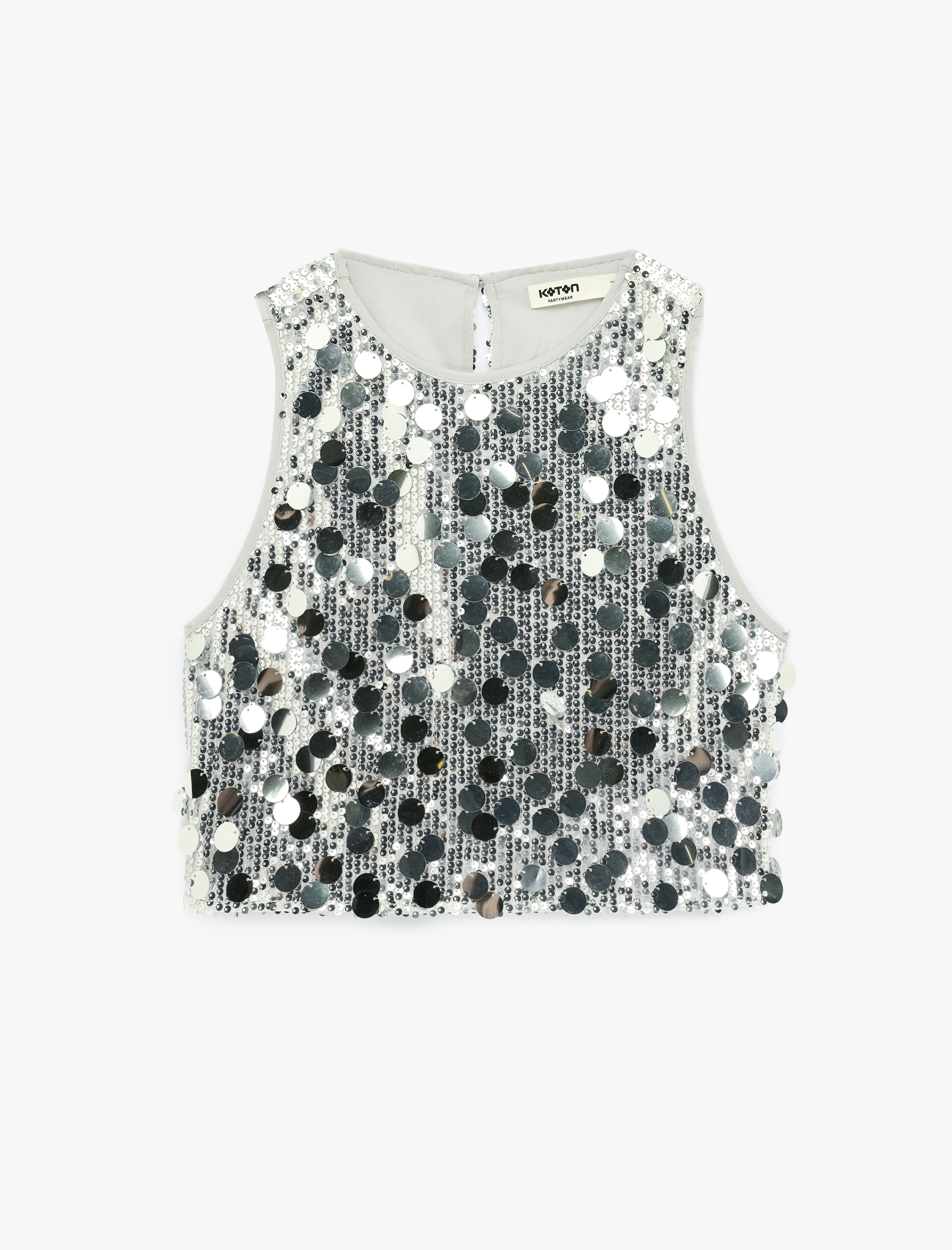   Pullu Payetli Bisiklet Yaka Kolsuz Crop Abiye Bluz