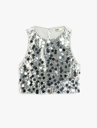 Pullu Payetli Bisiklet Yaka Kolsuz Crop Abiye Bluz