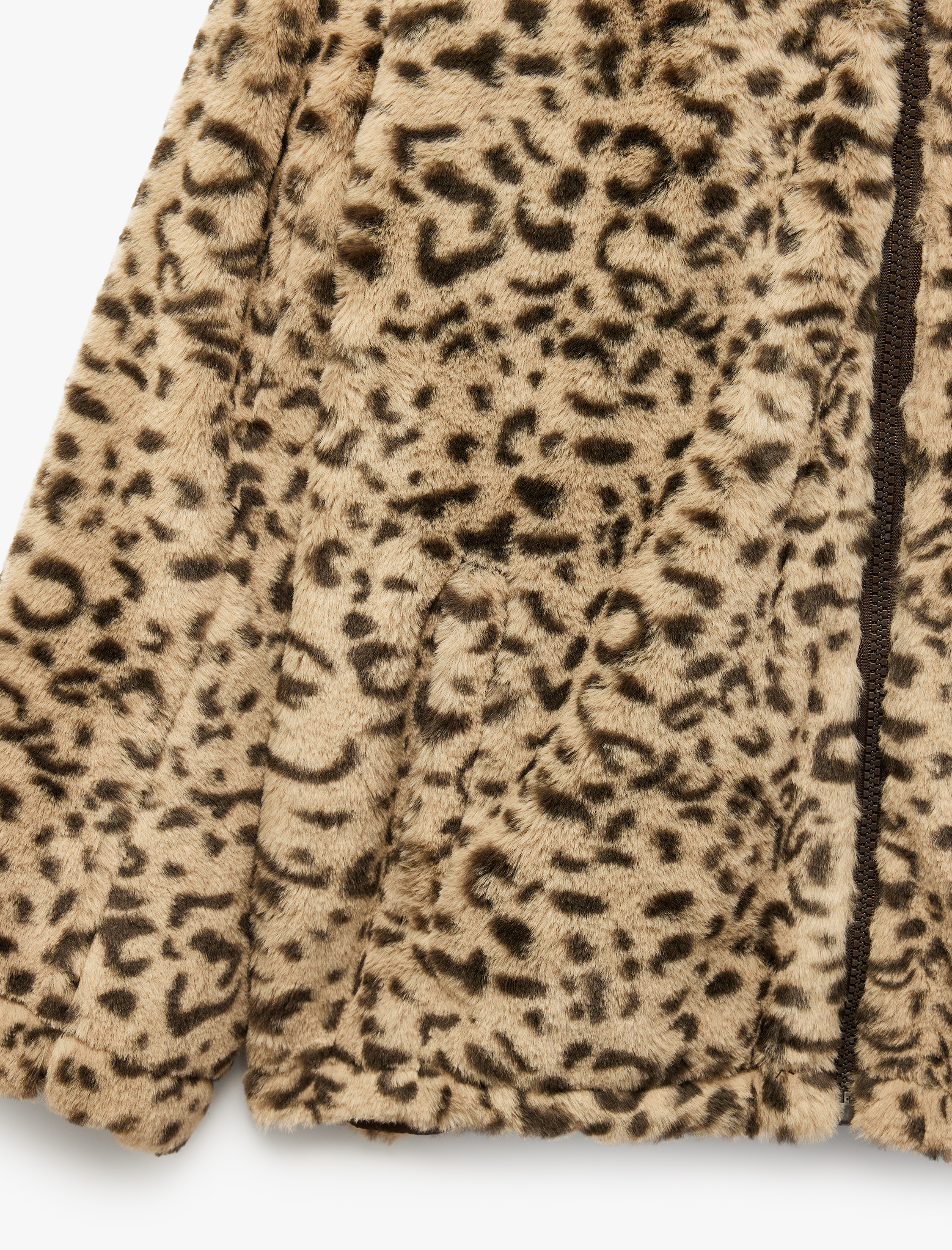  Kız Çocuk Uzun Kollu Leoparlı Fermuar Kapamalı Kapüşonlu Oversize Suni Kürk Ceket