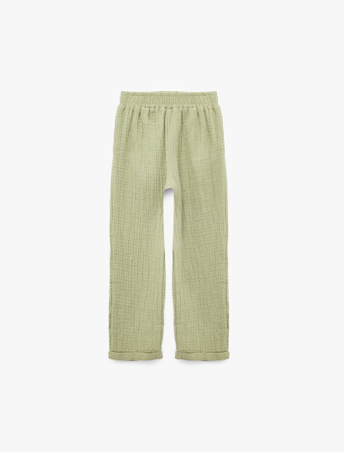 Erkek Bebek Pamuklu Beli Lastikli Cepli Müslin Pantolon