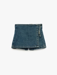 Normal Bel Bağlama Detaylı Pamuklu Denim Şort Etek