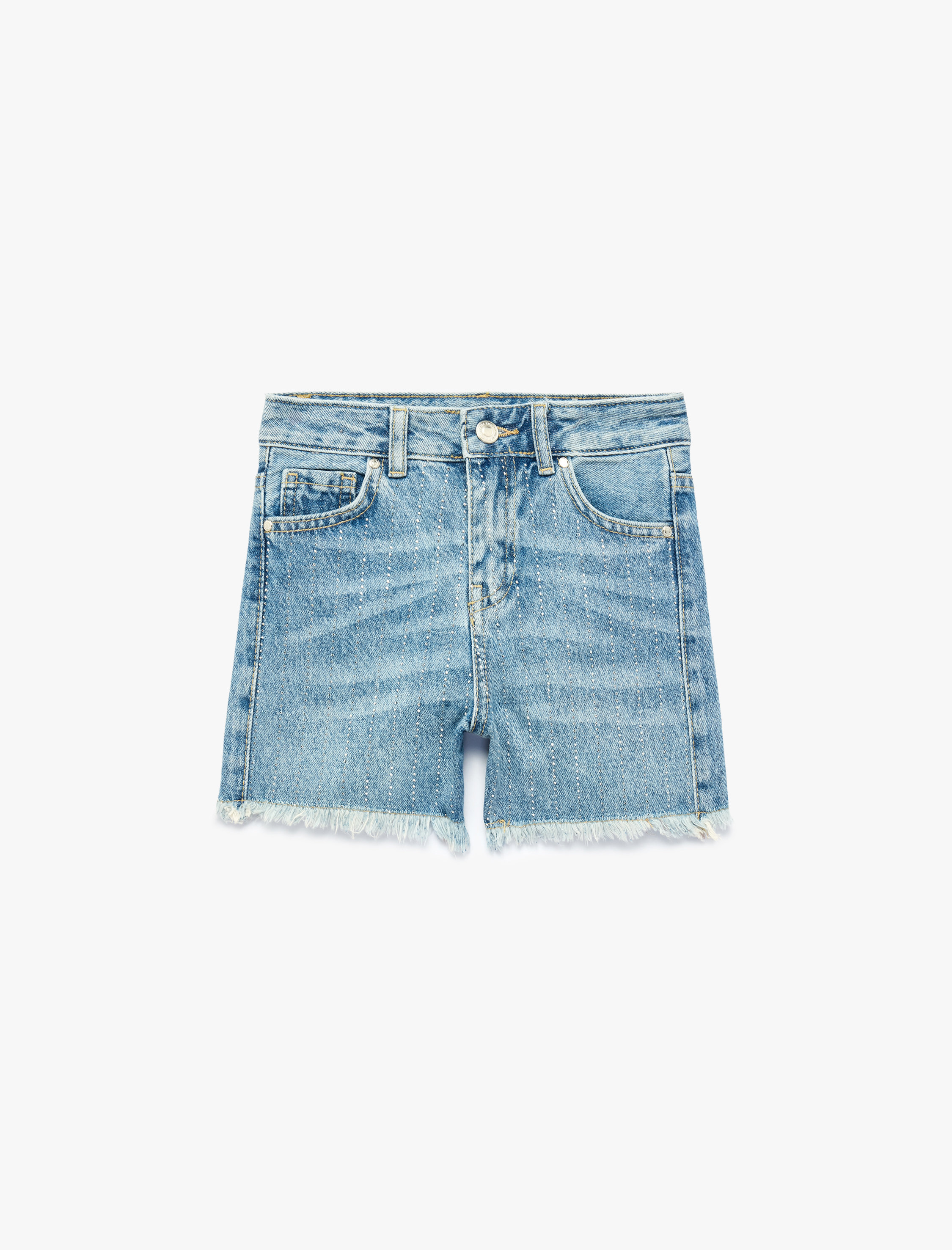  Kız Çocuk Pamuklu Cepli Püsküllü Paça Denim Şort