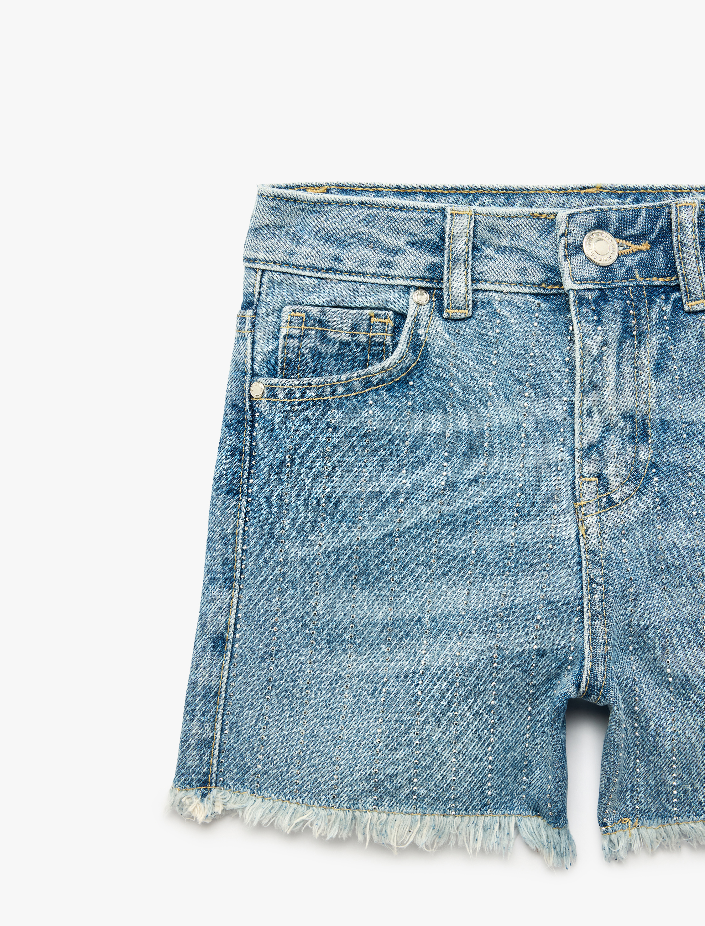  Kız Çocuk Pamuklu Cepli Püsküllü Paça Denim Şort