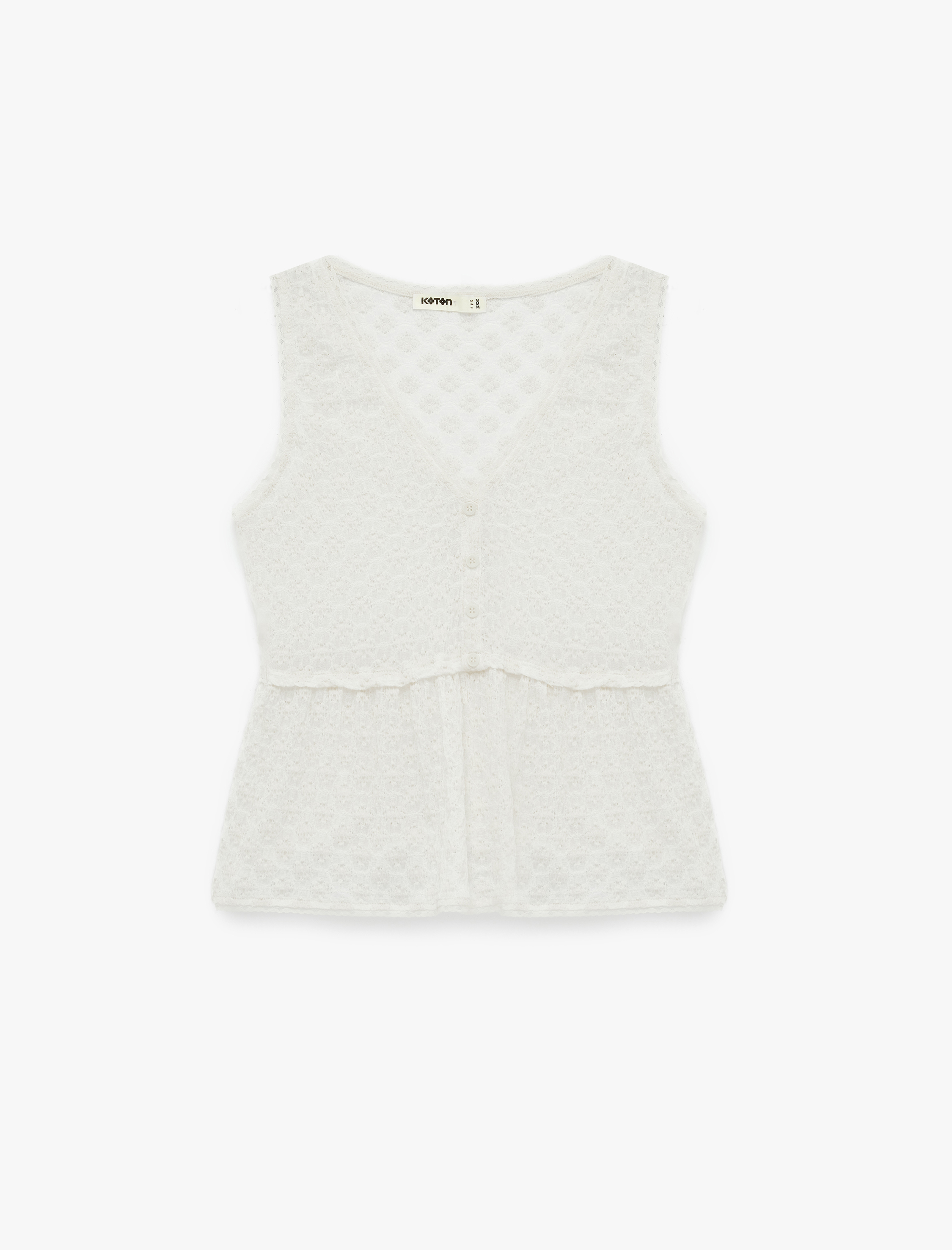   Slim Fit Kolsuz V Yaka Düğmeli Dökümlü Peplum Kesim Dantel Bluz