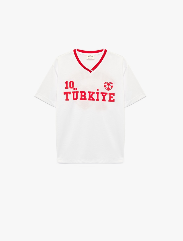 Kız Çocuk Futbol Temalı V Yaka Kısa Kollu Tişört